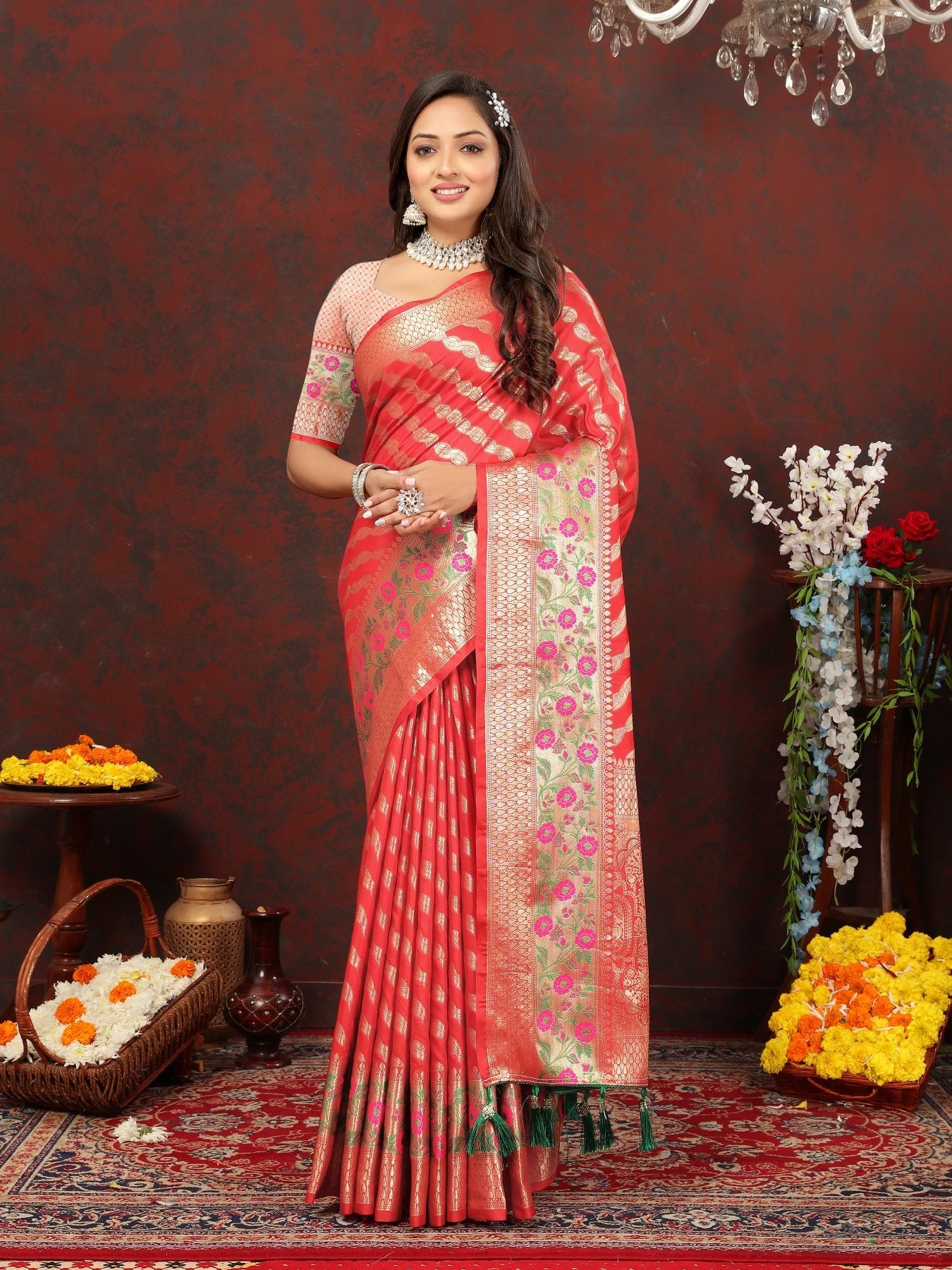 Ephemeral Red Soft Banarasi Silk Saree With Imbrication Blouse Piece