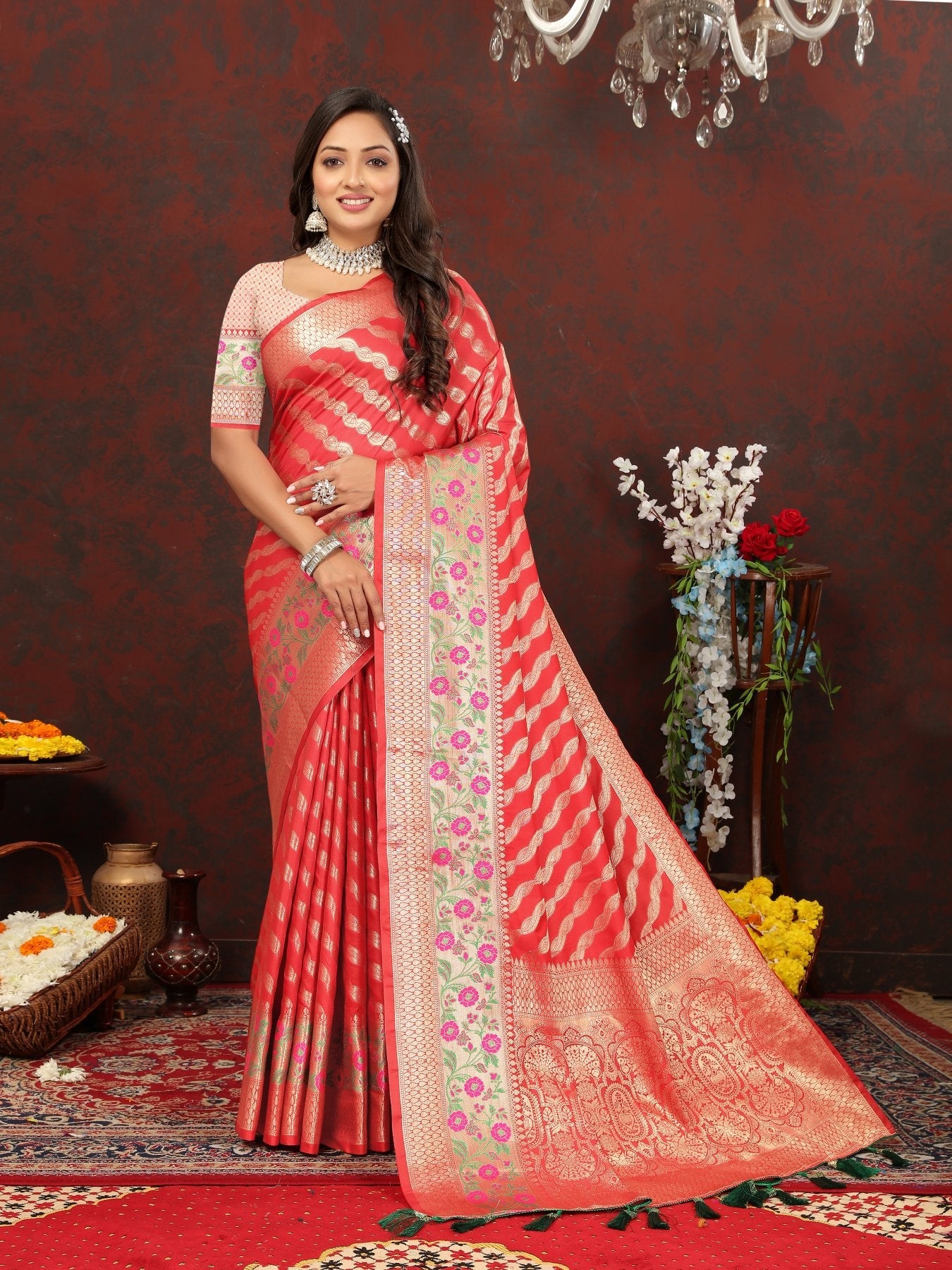 Ephemeral Red Soft Banarasi Silk Saree With Imbrication Blouse Piece