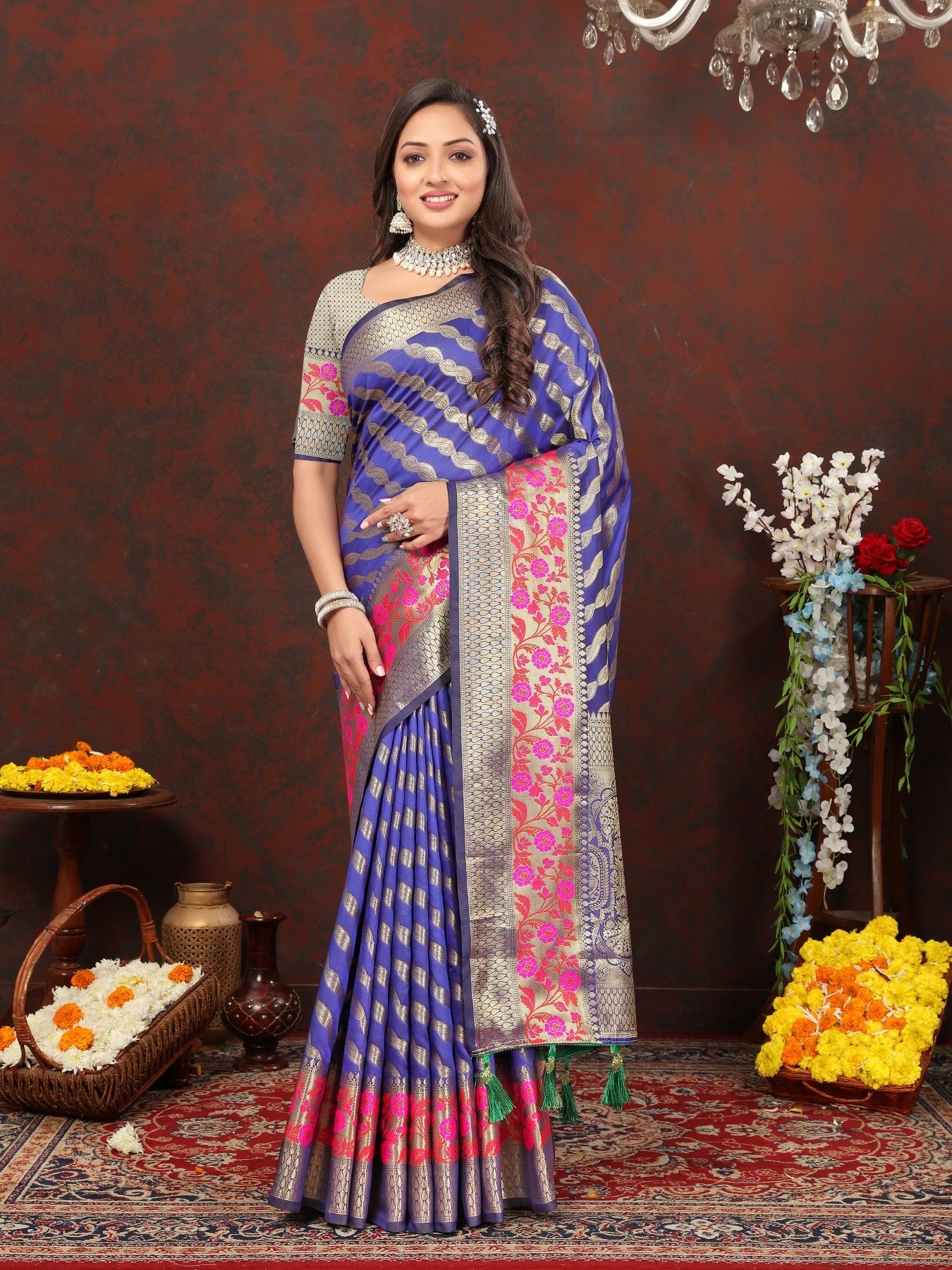 Embrocation Royal Blue Soft Banarasi Silk Saree With Fancifull Blouse Piece