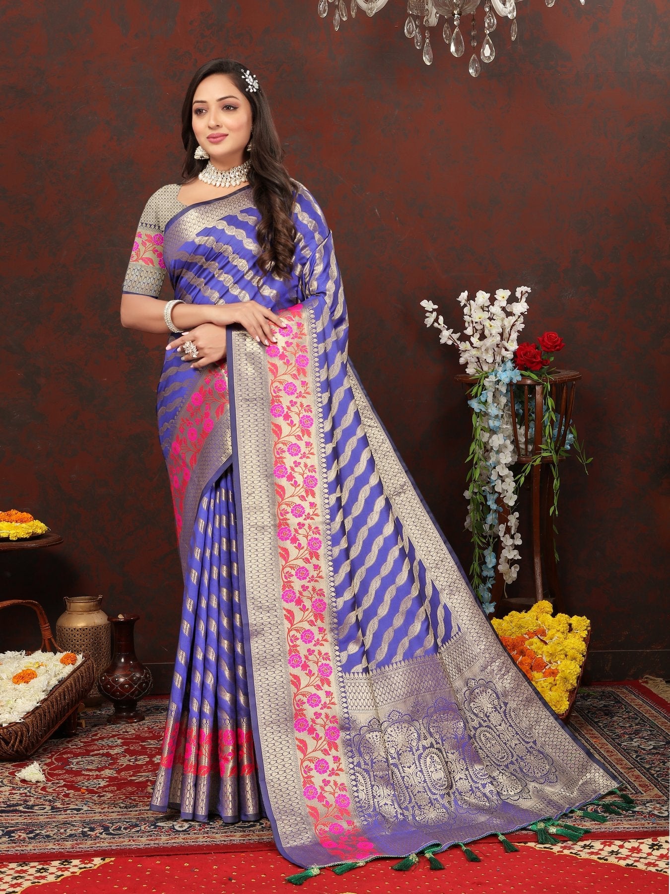 Embrocation Royal Blue Soft Banarasi Silk Saree With Fancifull Blouse Piece