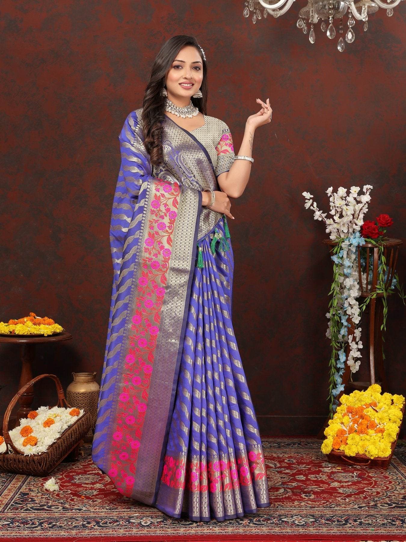 Embrocation Royal Blue Soft Banarasi Silk Saree With Fancifull Blouse Piece