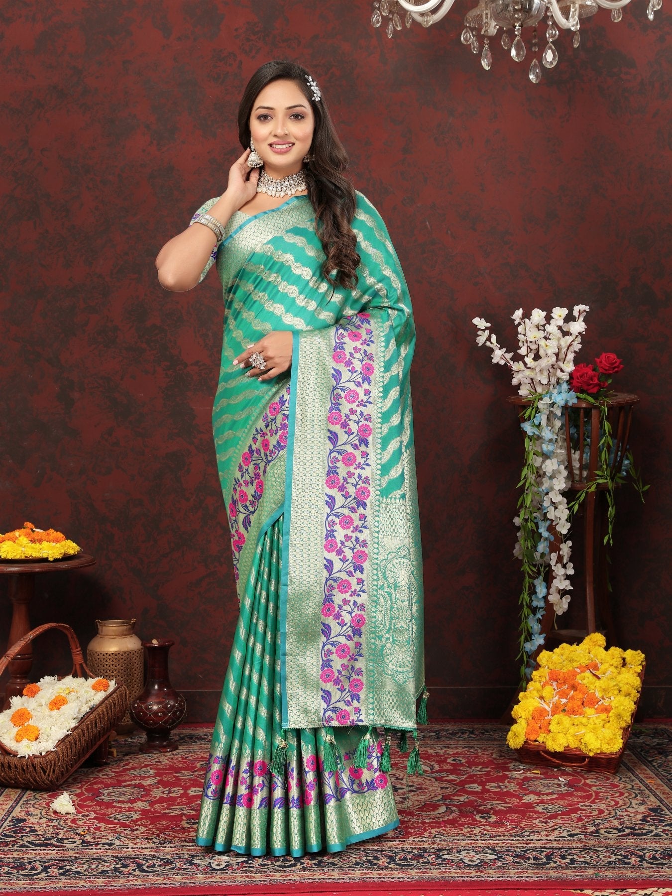 Eloquence Sea Green Soft Banarasi Silk Saree With Flameboyant Blouse Piece