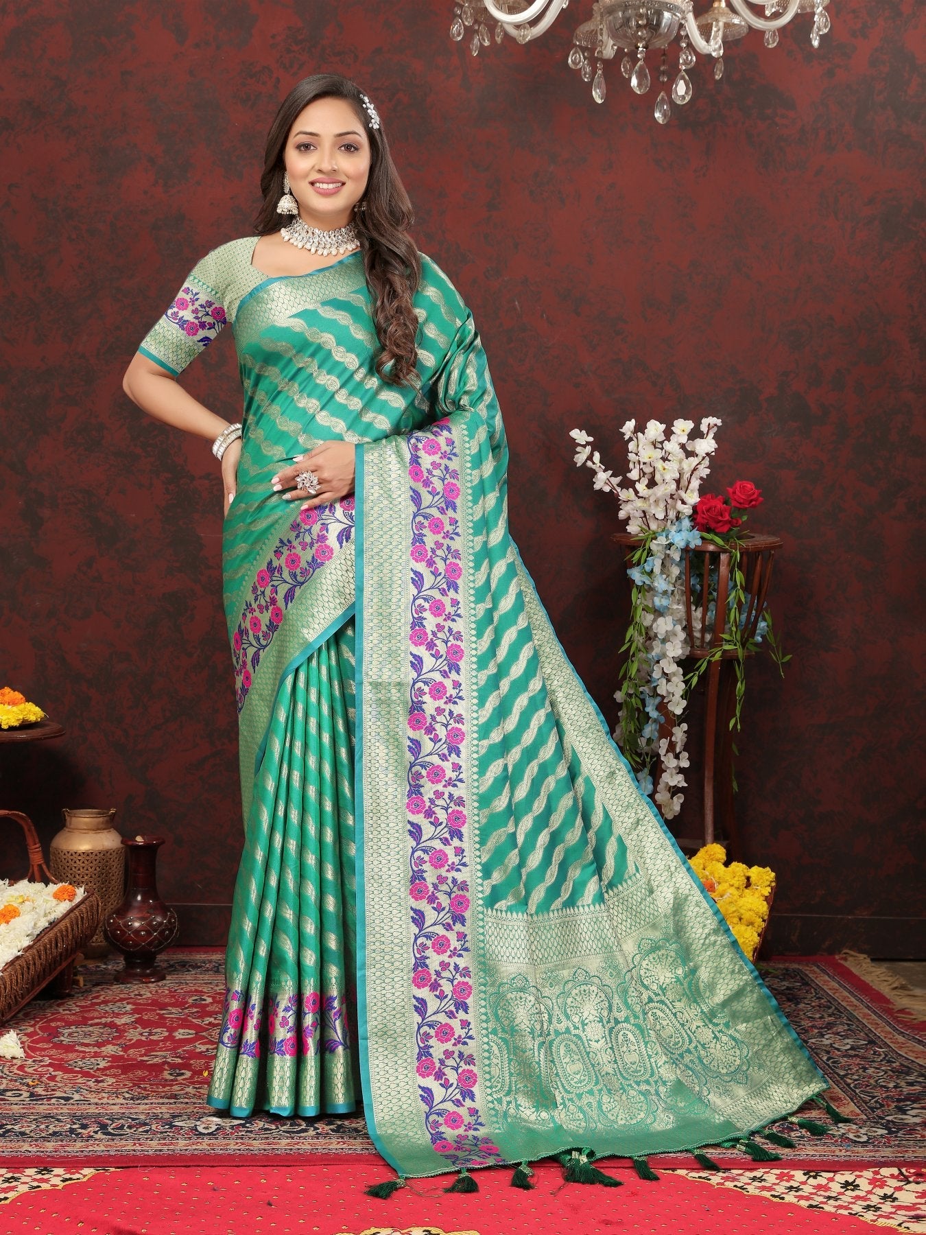 Eloquence Sea Green Soft Banarasi Silk Saree With Flameboyant Blouse Piece