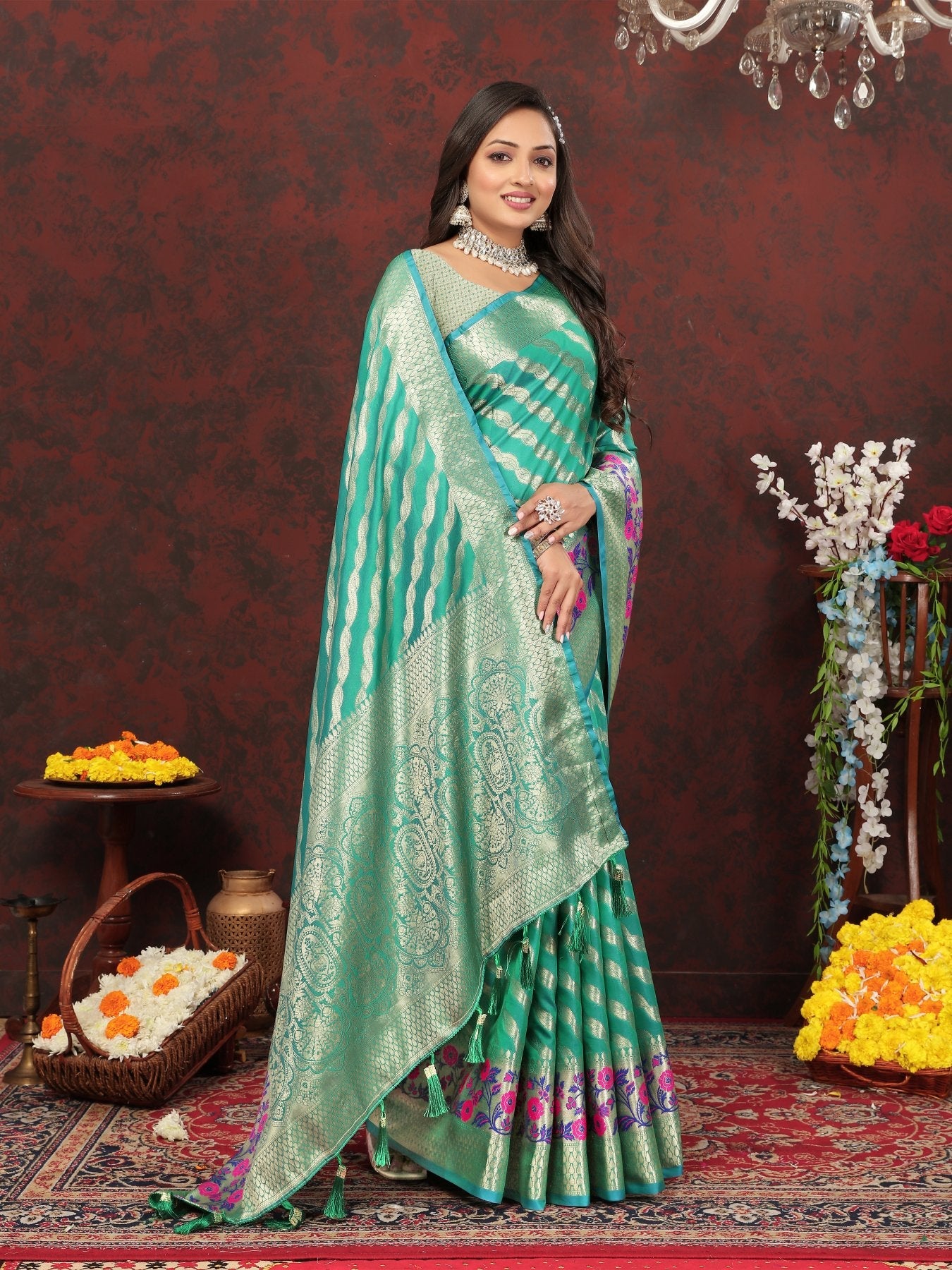 Eloquence Sea Green Soft Banarasi Silk Saree With Flameboyant Blouse Piece