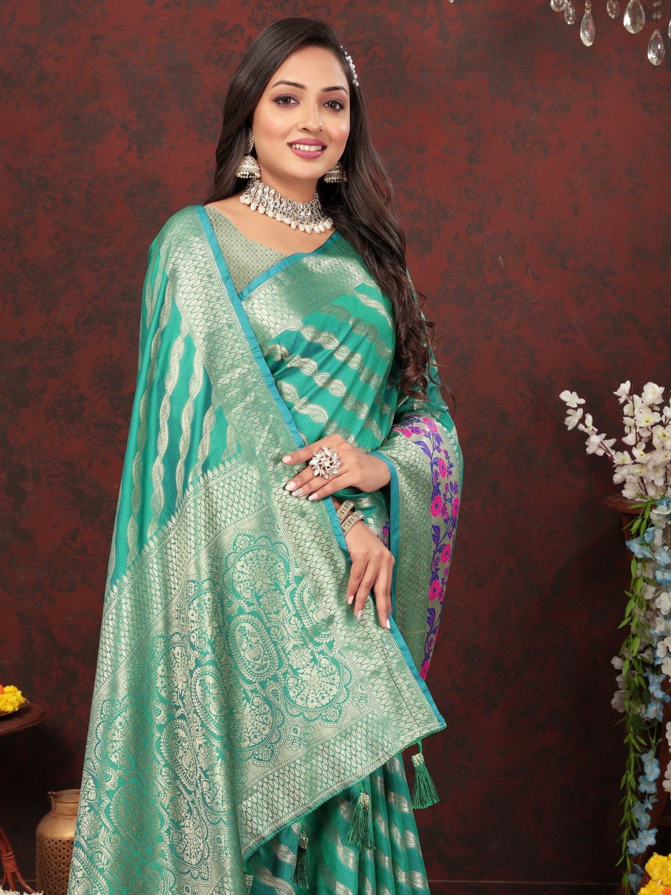 Eloquence Sea Green Soft Banarasi Silk Saree With Flameboyant Blouse Piece