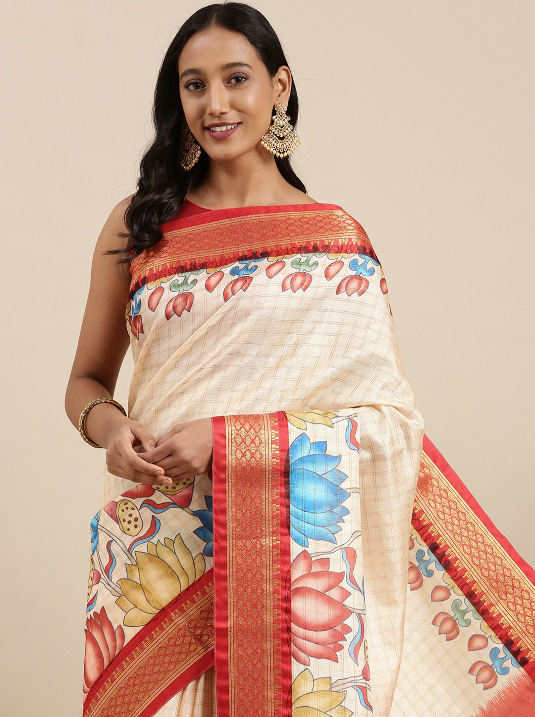 Adorable Beige Kalamkari Printed Saree With Vestigial Blouse Piece