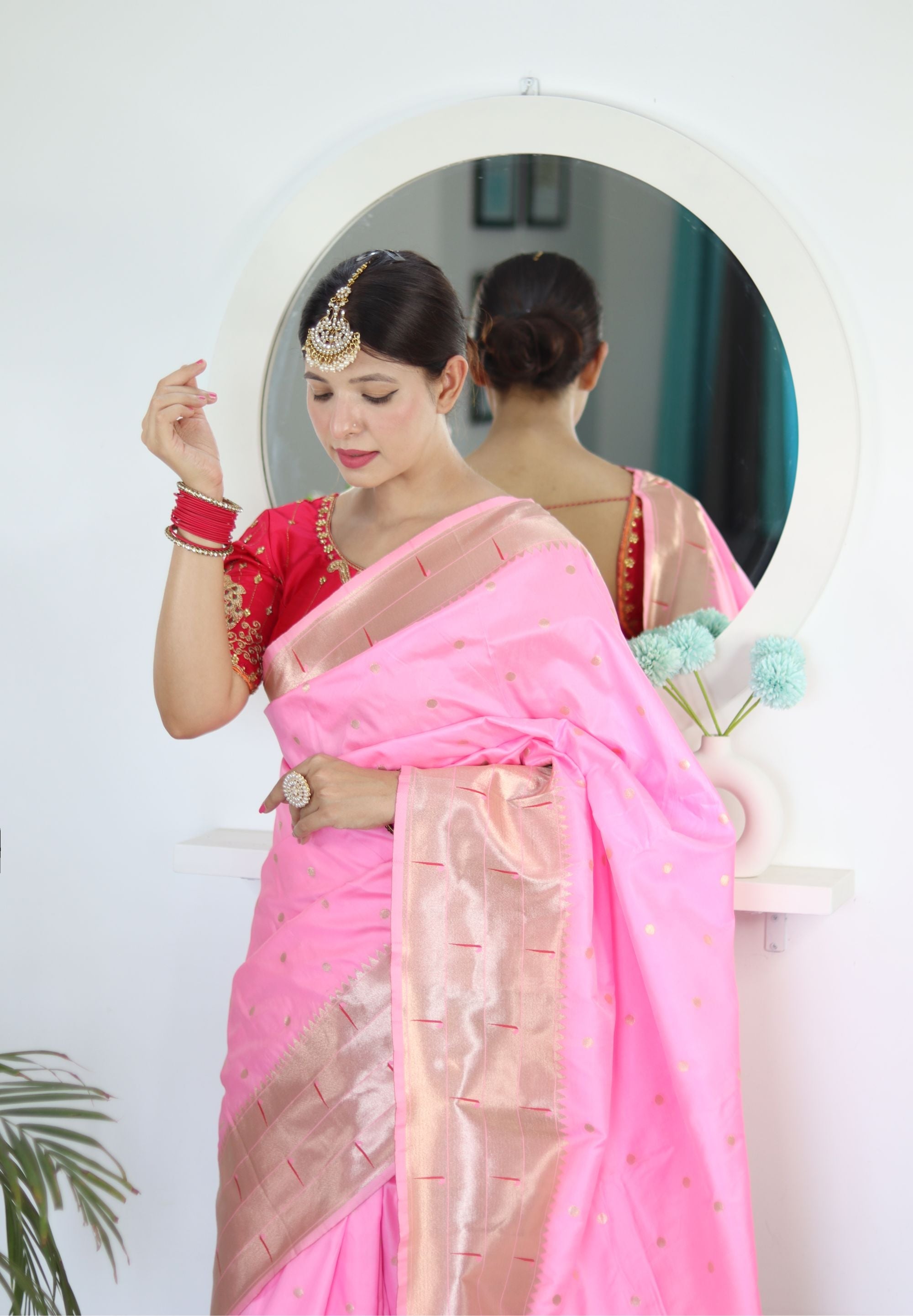 Seraphic Baby Pink Paithani Silk Saree With Eloquence Blouse Piece