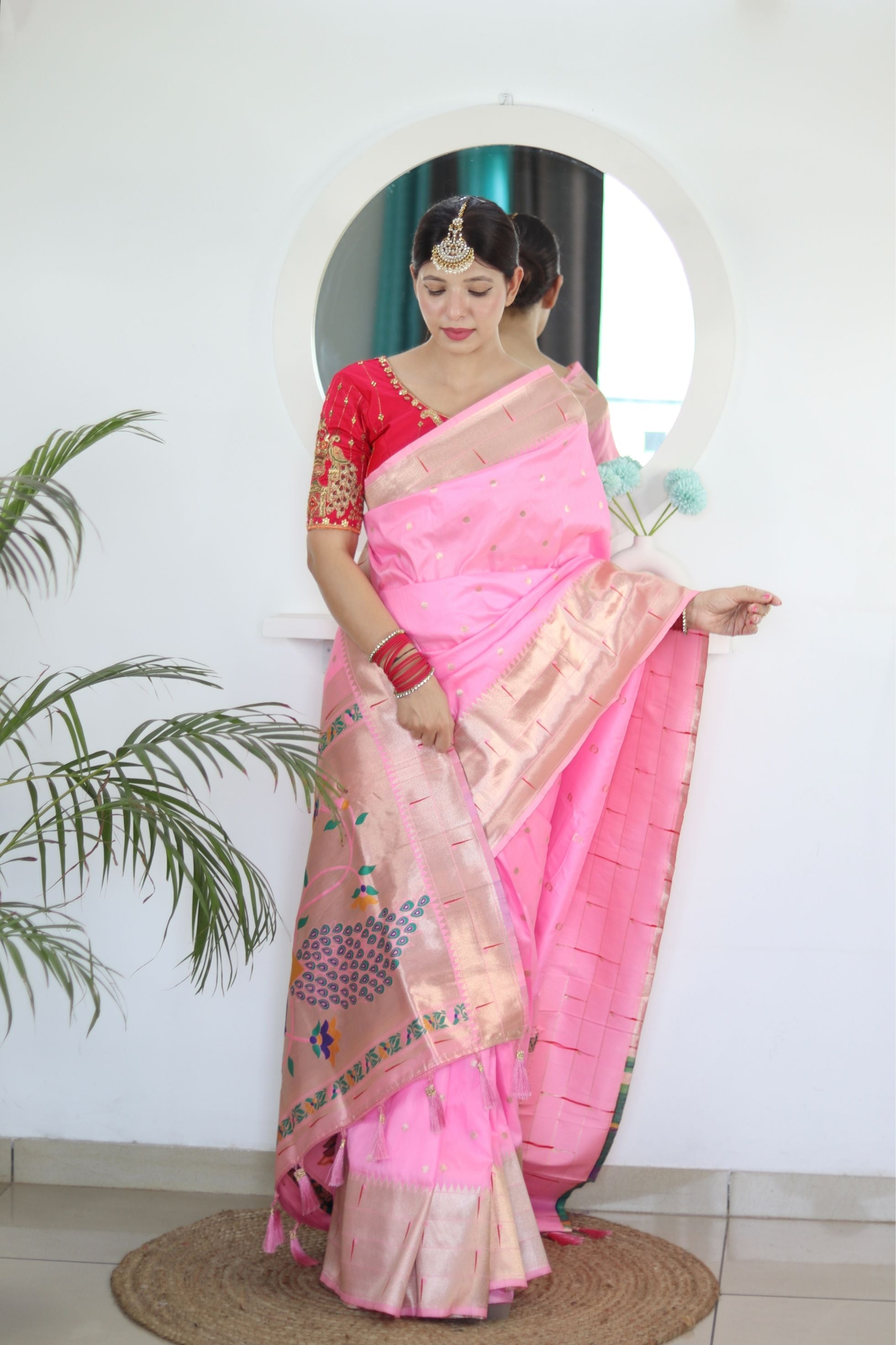 Seraphic Baby Pink Paithani Silk Saree With Eloquence Blouse Piece