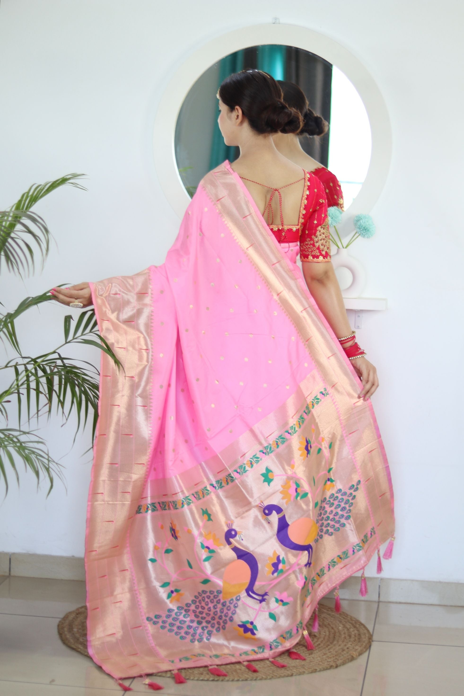 Seraphic Baby Pink Paithani Silk Saree With Eloquence Blouse Piece