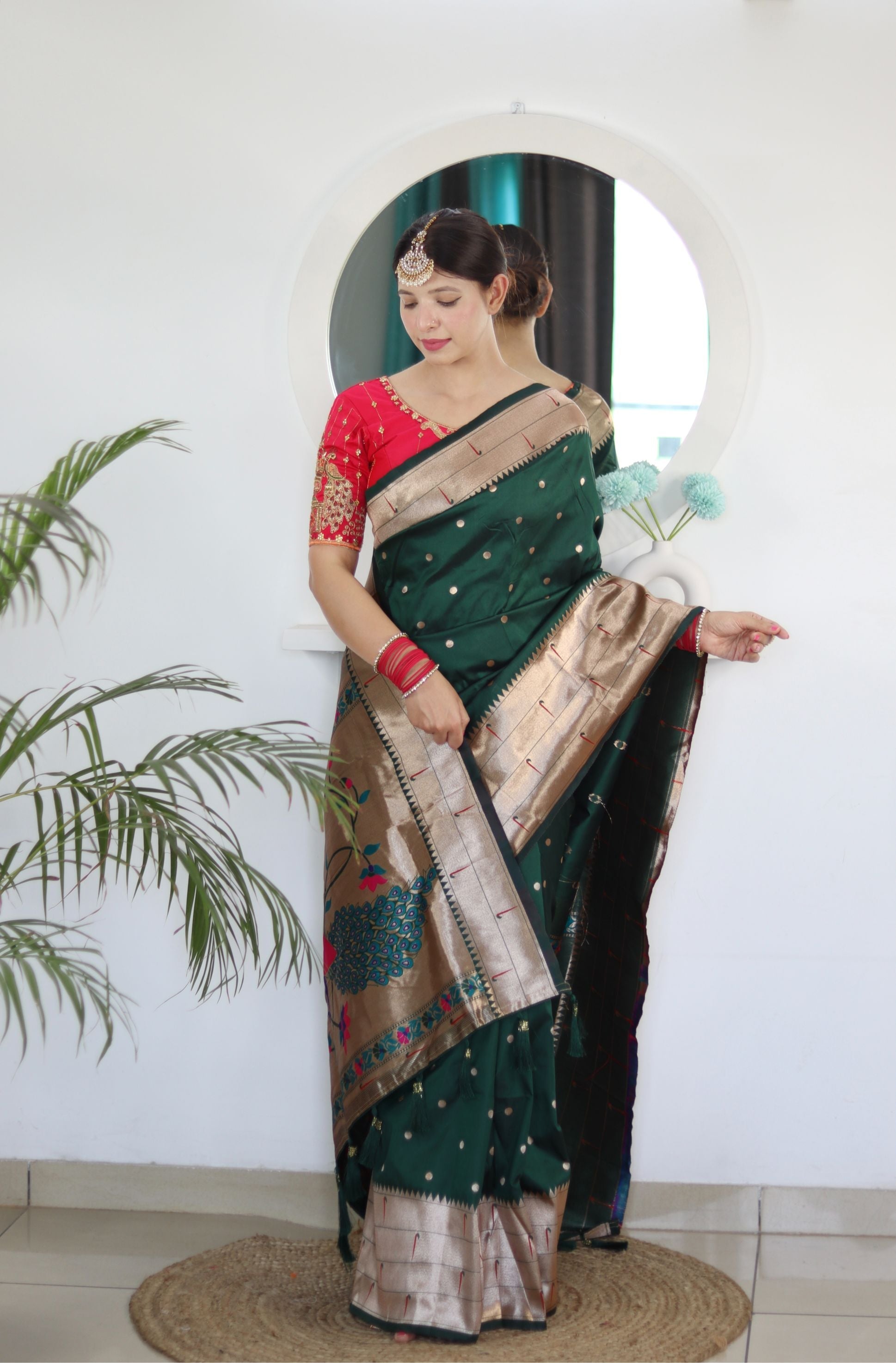 Ravishing Dark Green Paithani Silk Saree With Elision Blouse Piece