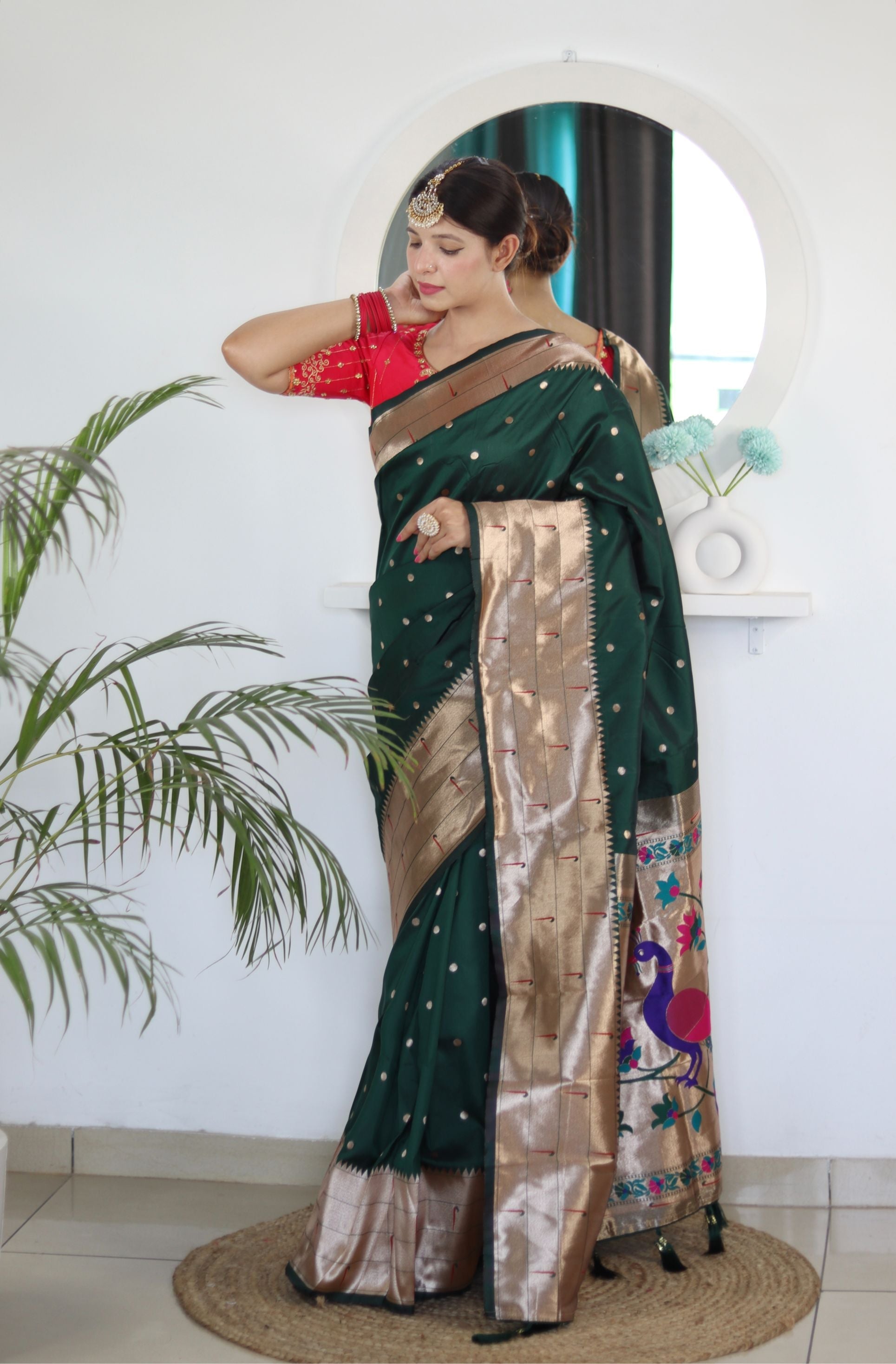 Ravishing Dark Green Paithani Silk Saree With Elision Blouse Piece