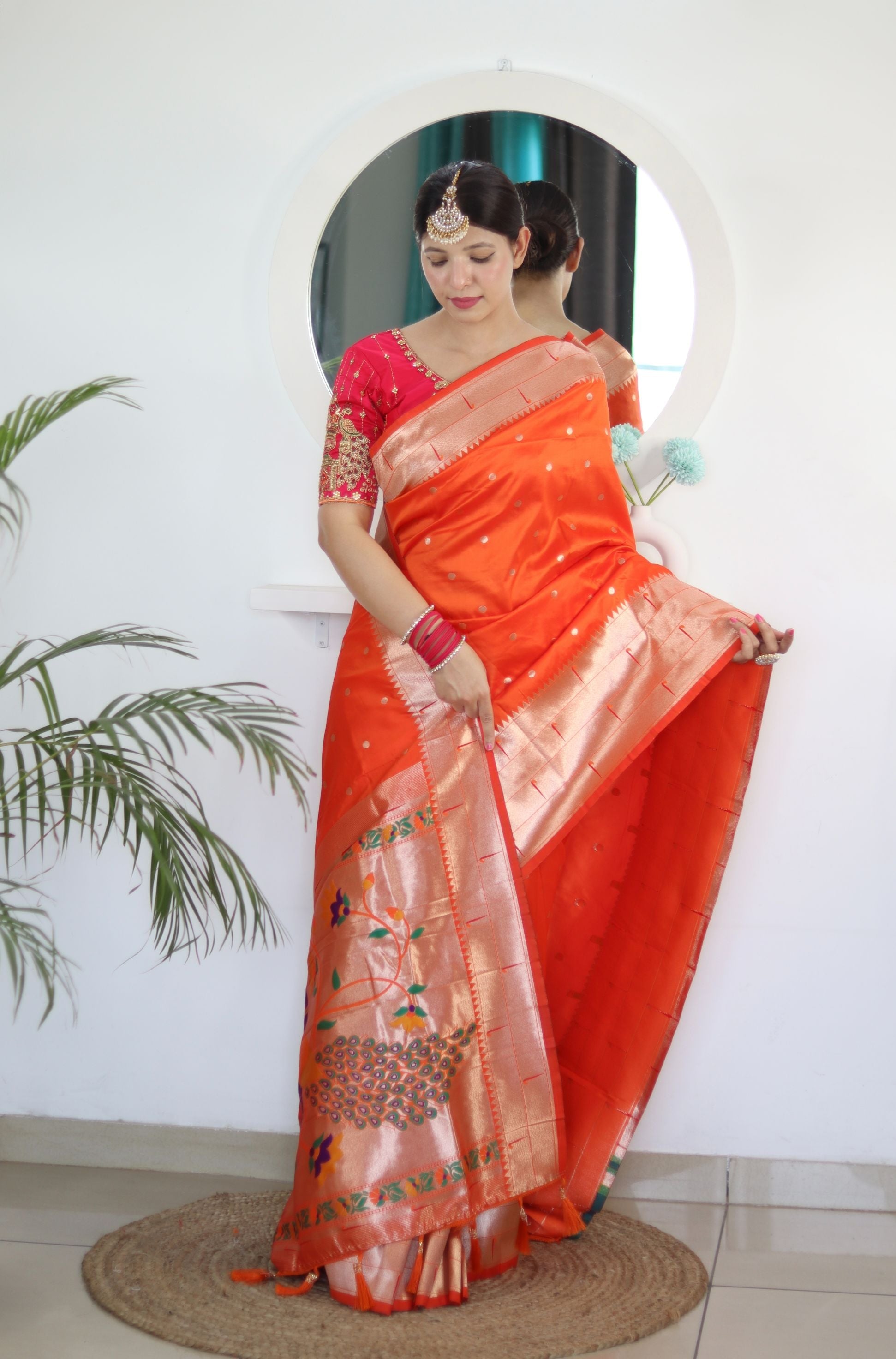 Engrossing Orange Paithani Silk Saree With Surreptitious Blouse Piece