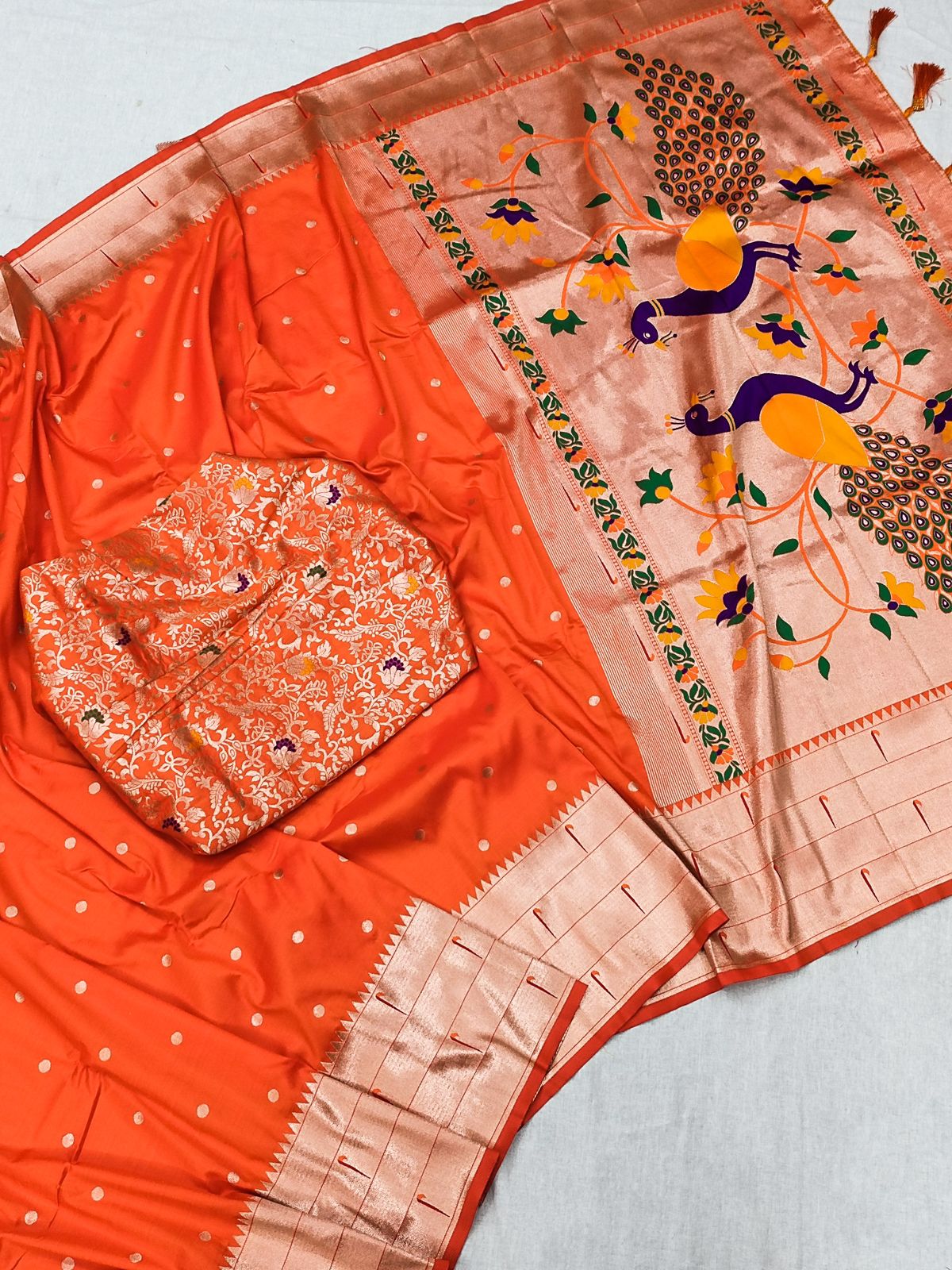 Engrossing Orange Paithani Silk Saree With Surreptitious Blouse Piece