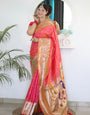 Ethnic Peach Paithani Silk Saree With Sumptuous Blouse Piece