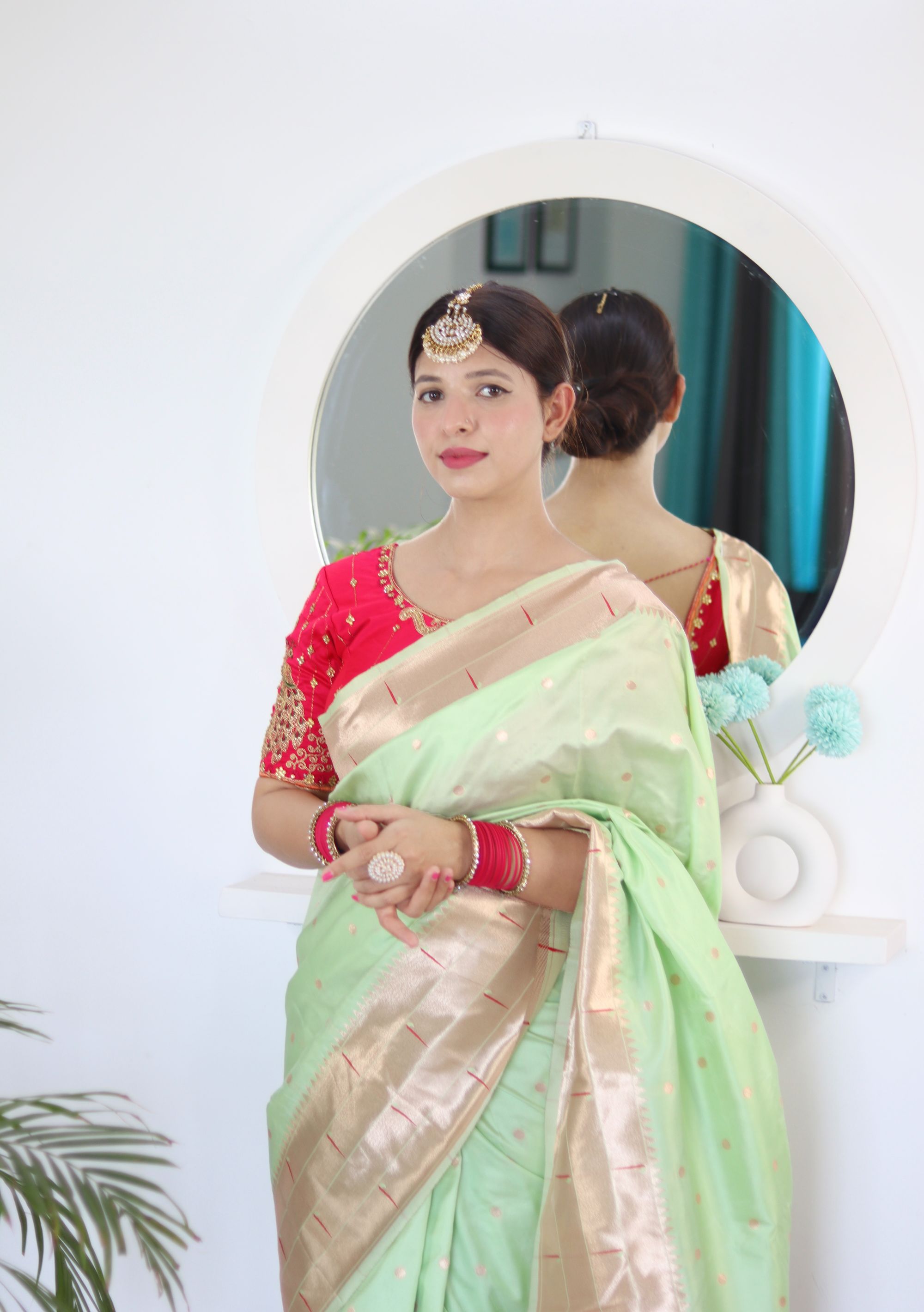 Blooming Pista Paithani Silk Saree With Serendipity Blouse Piece