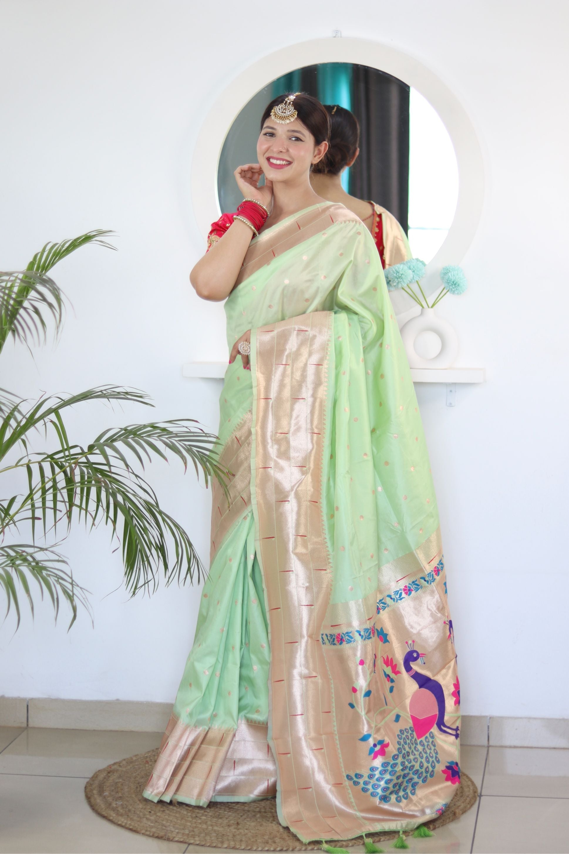 Blooming Pista Paithani Silk Saree With Serendipity Blouse Piece