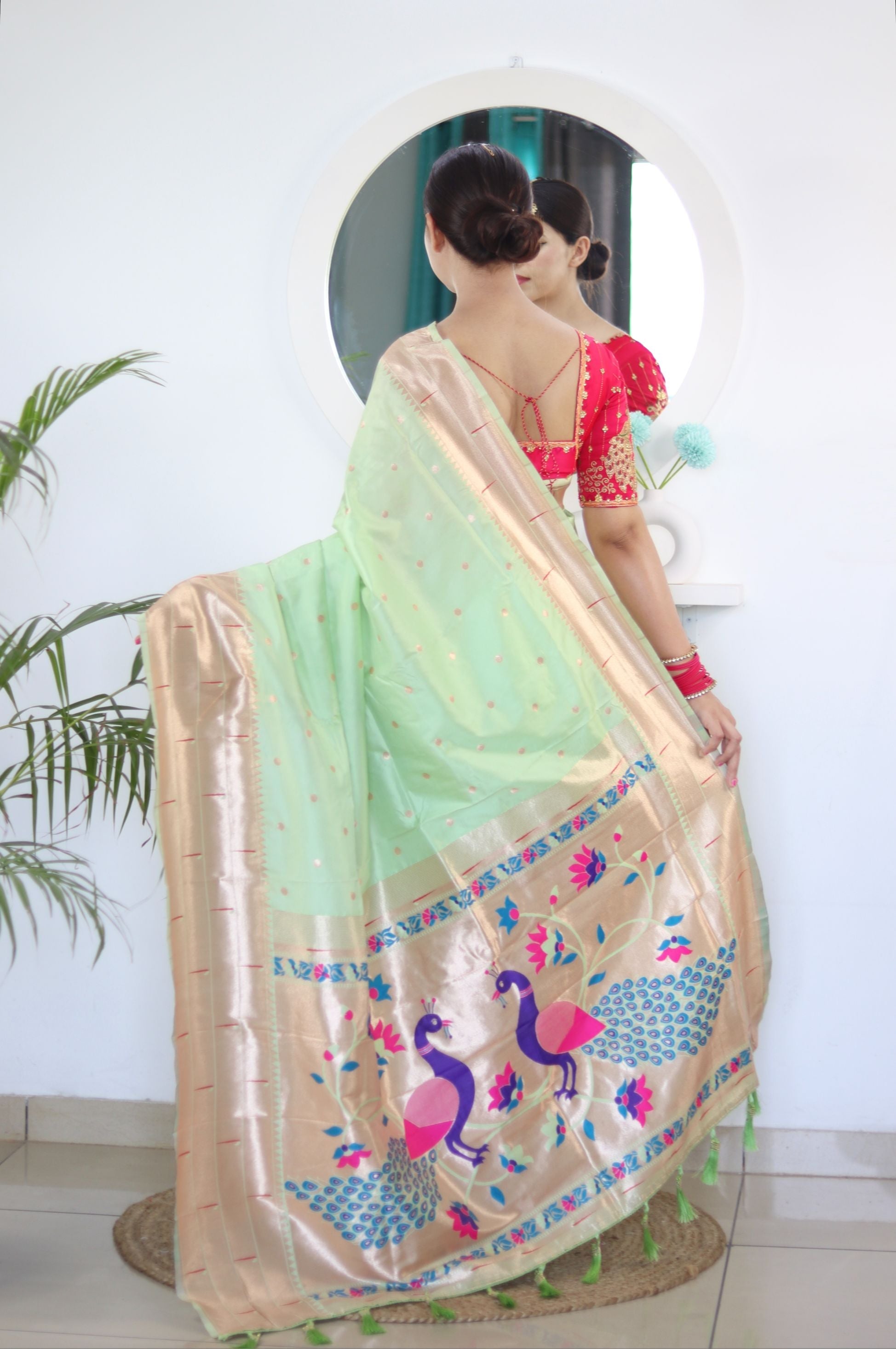 Blooming Pista Paithani Silk Saree With Serendipity Blouse Piece