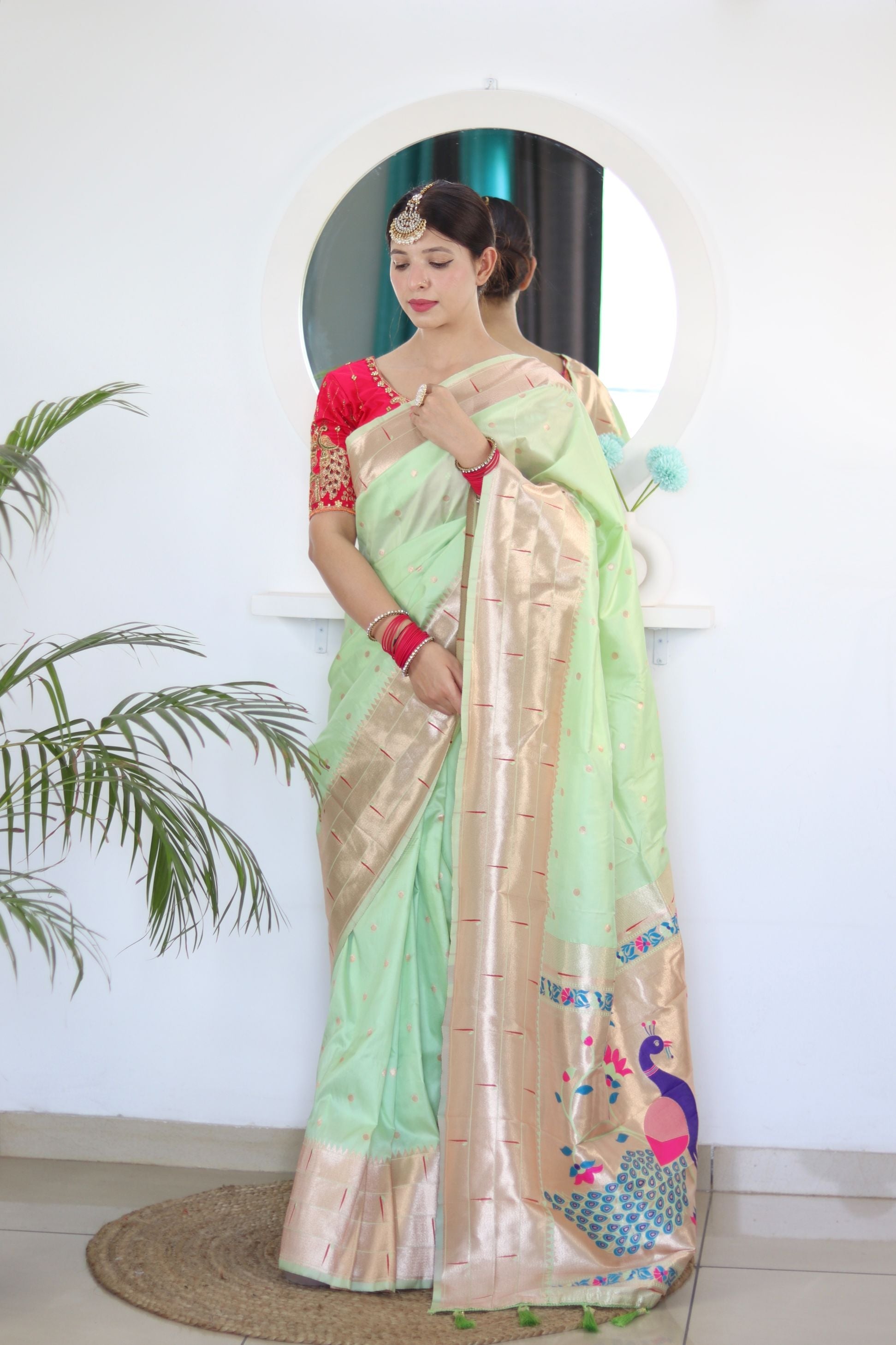 Blooming Pista Paithani Silk Saree With Serendipity Blouse Piece