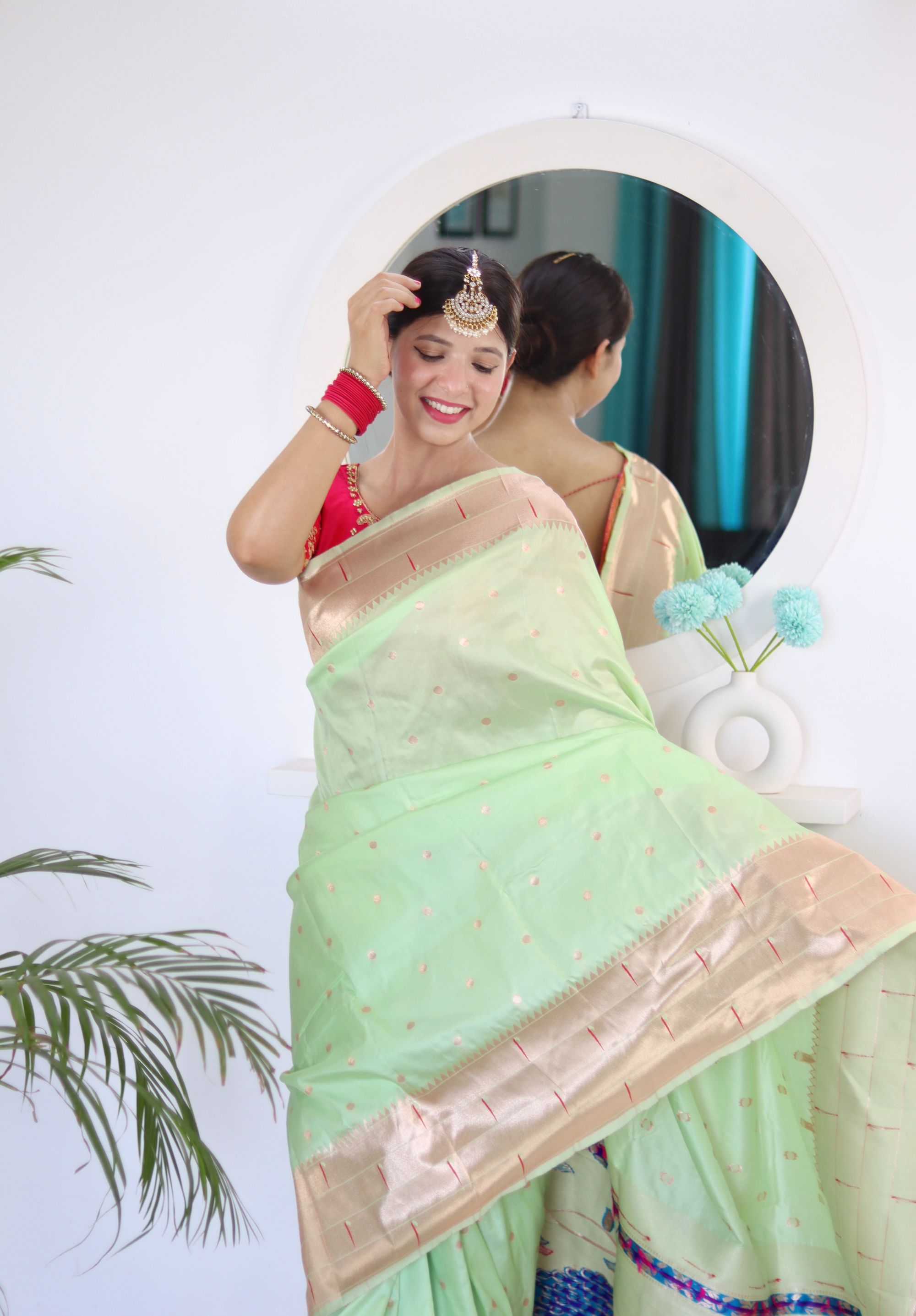 Blooming Pista Paithani Silk Saree With Serendipity Blouse Piece