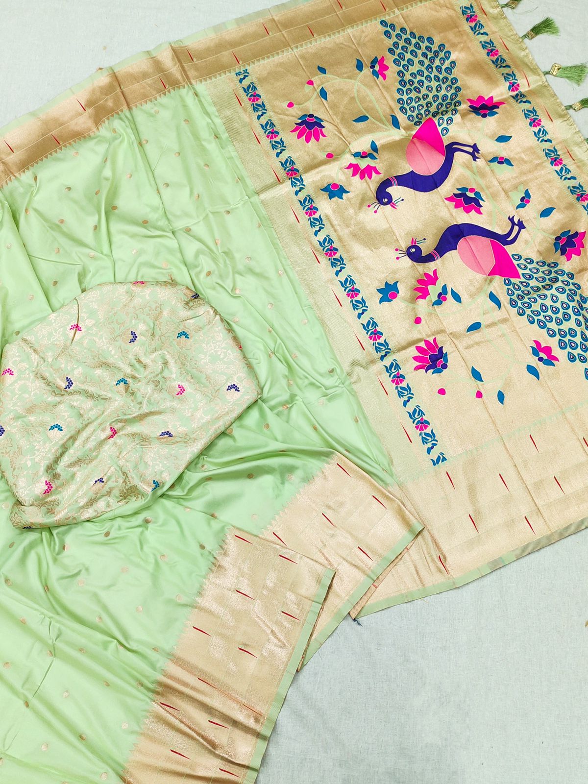 Blooming Pista Paithani Silk Saree With Serendipity Blouse Piece