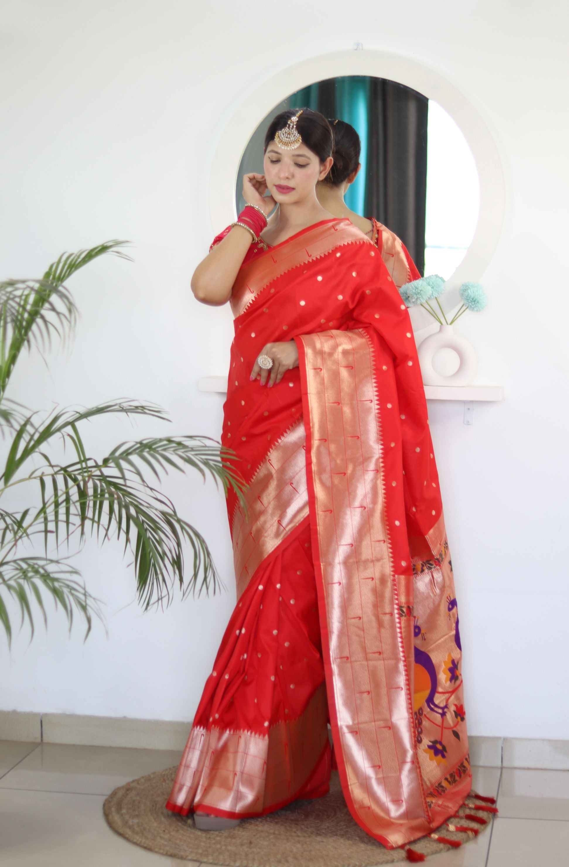 Appealing Red Paithani Silk Saree With Seraglio Blouse Piece