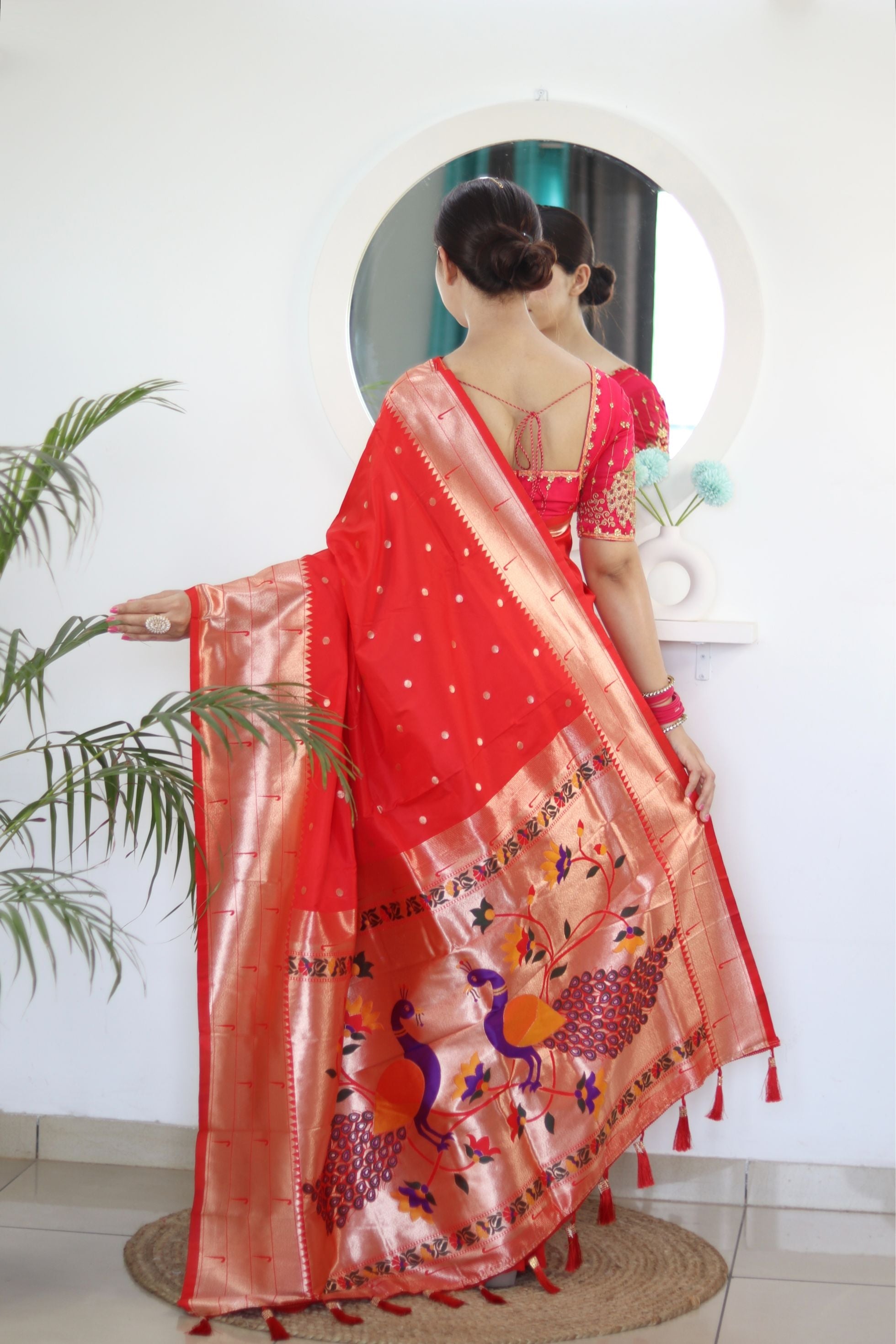 Appealing Red Paithani Silk Saree With Seraglio Blouse Piece