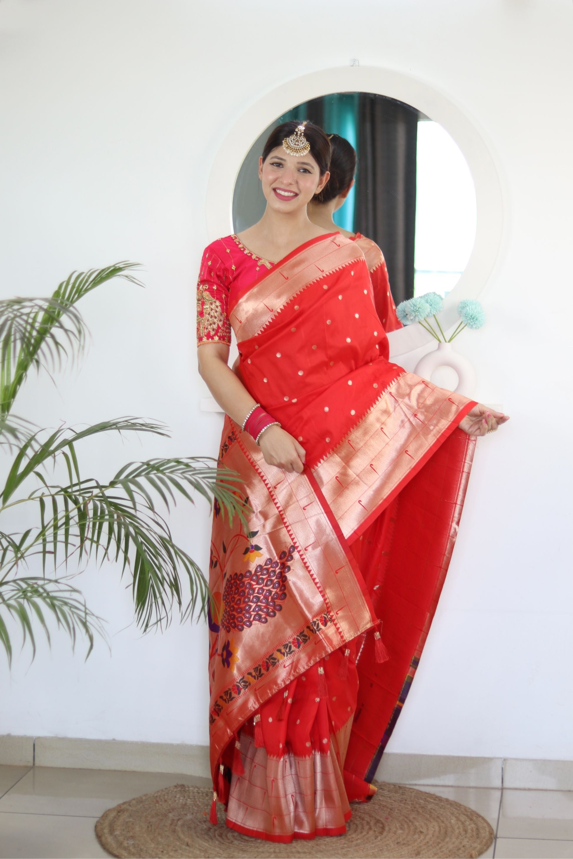 Appealing Red Paithani Silk Saree With Seraglio Blouse Piece