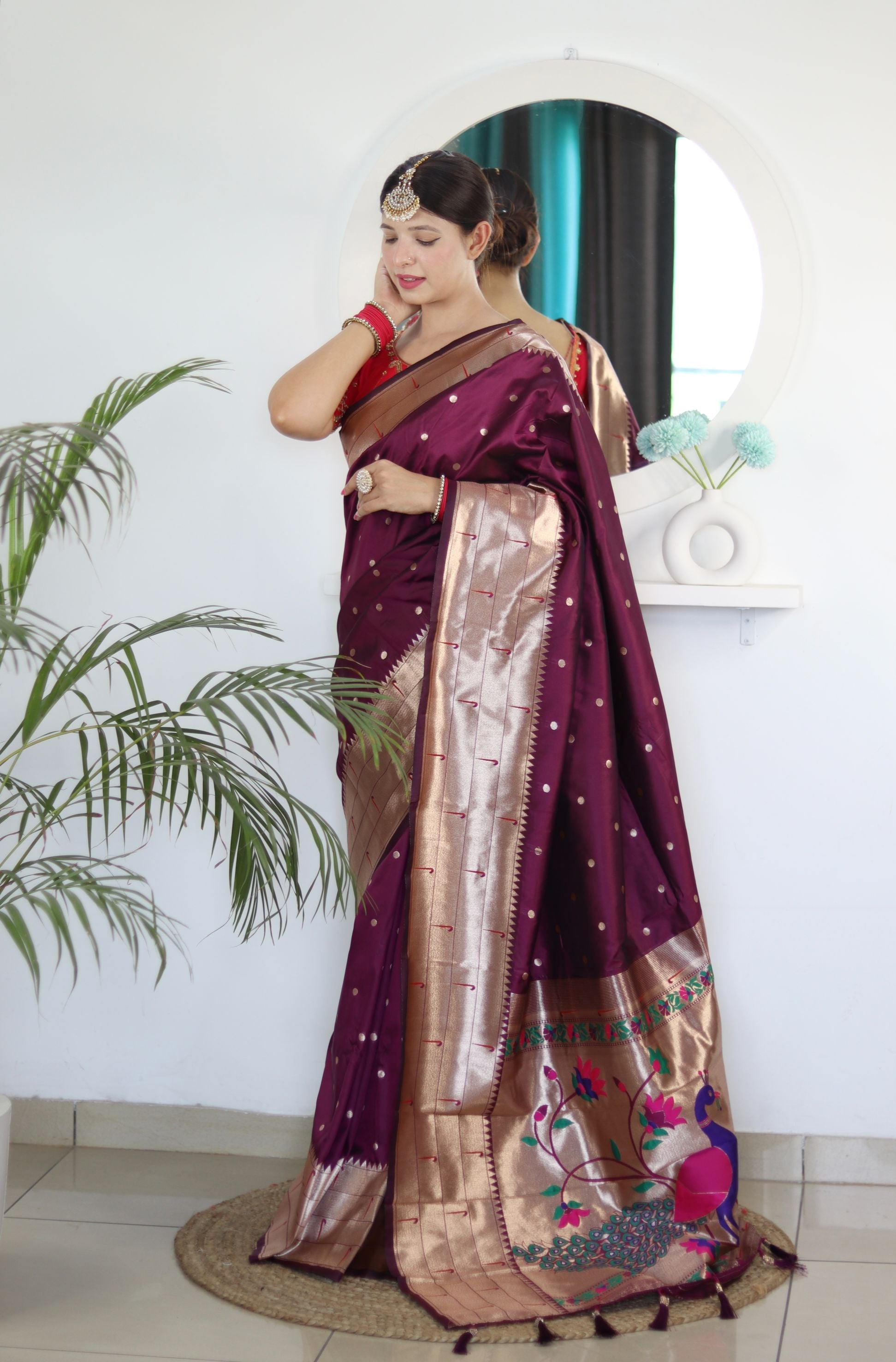 Desiring Wine Paithani Silk Saree With Sempiternal Blouse Piece