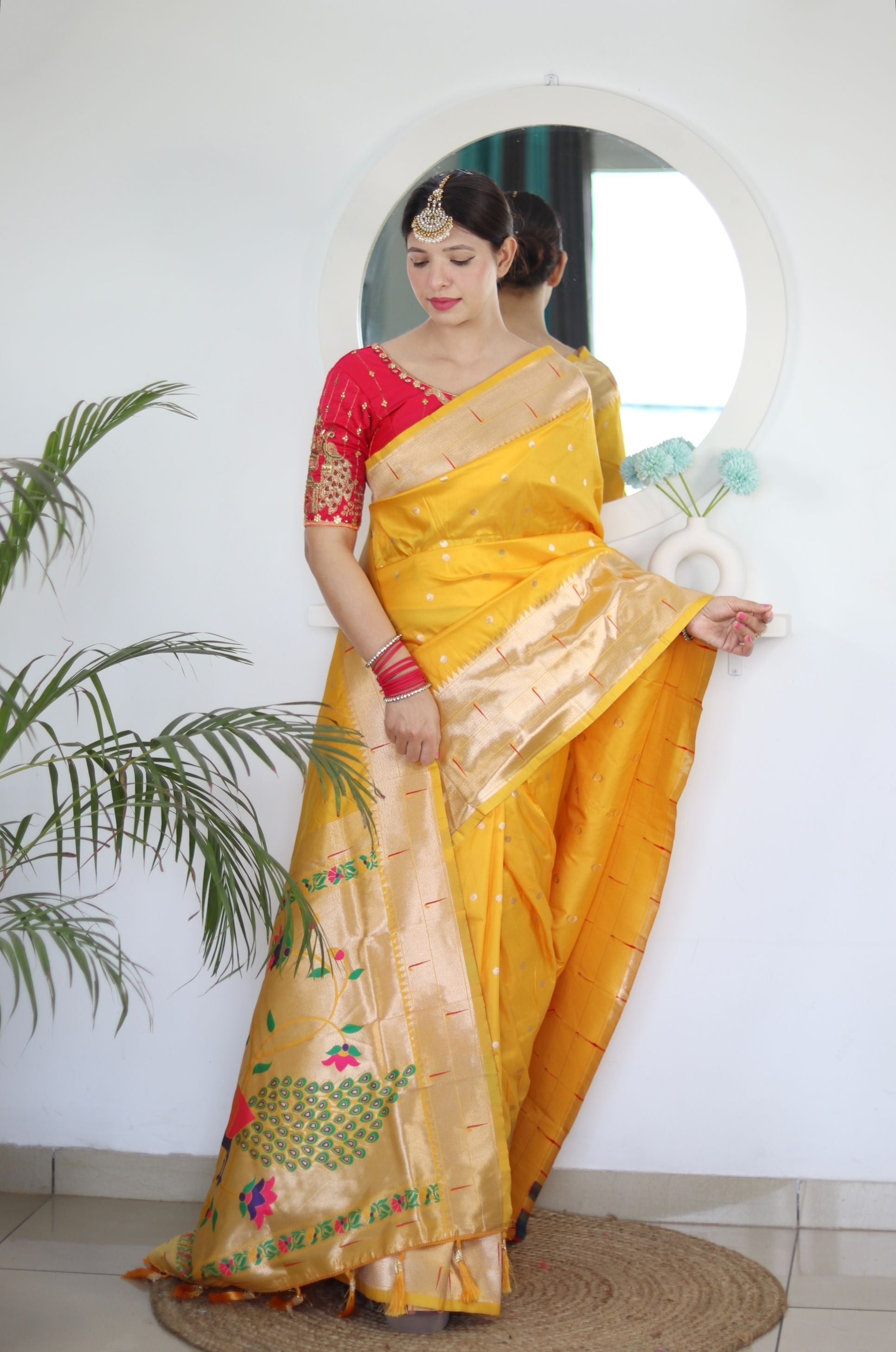 Jazzy Yellow Paithani Silk Saree With Scintilla Blouse Piece