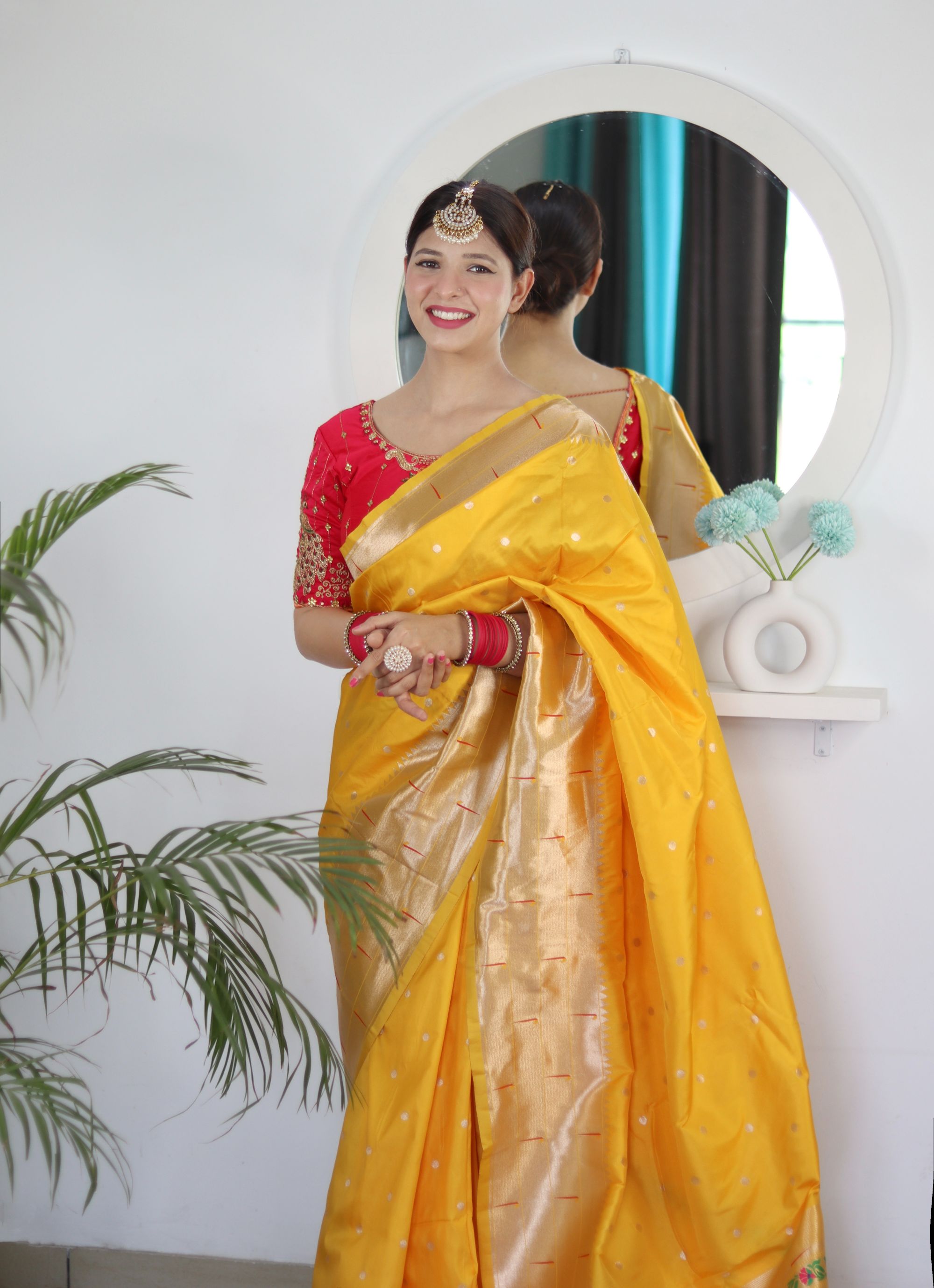 Jazzy Yellow Paithani Silk Saree With Scintilla Blouse Piece