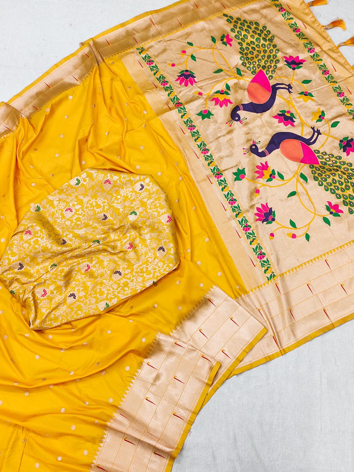 Jazzy Yellow Paithani Silk Saree With Scintilla Blouse Piece