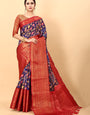 Zephyr Royal Blue Kalamkari Printed Saree With Desuetude Blouse Piece