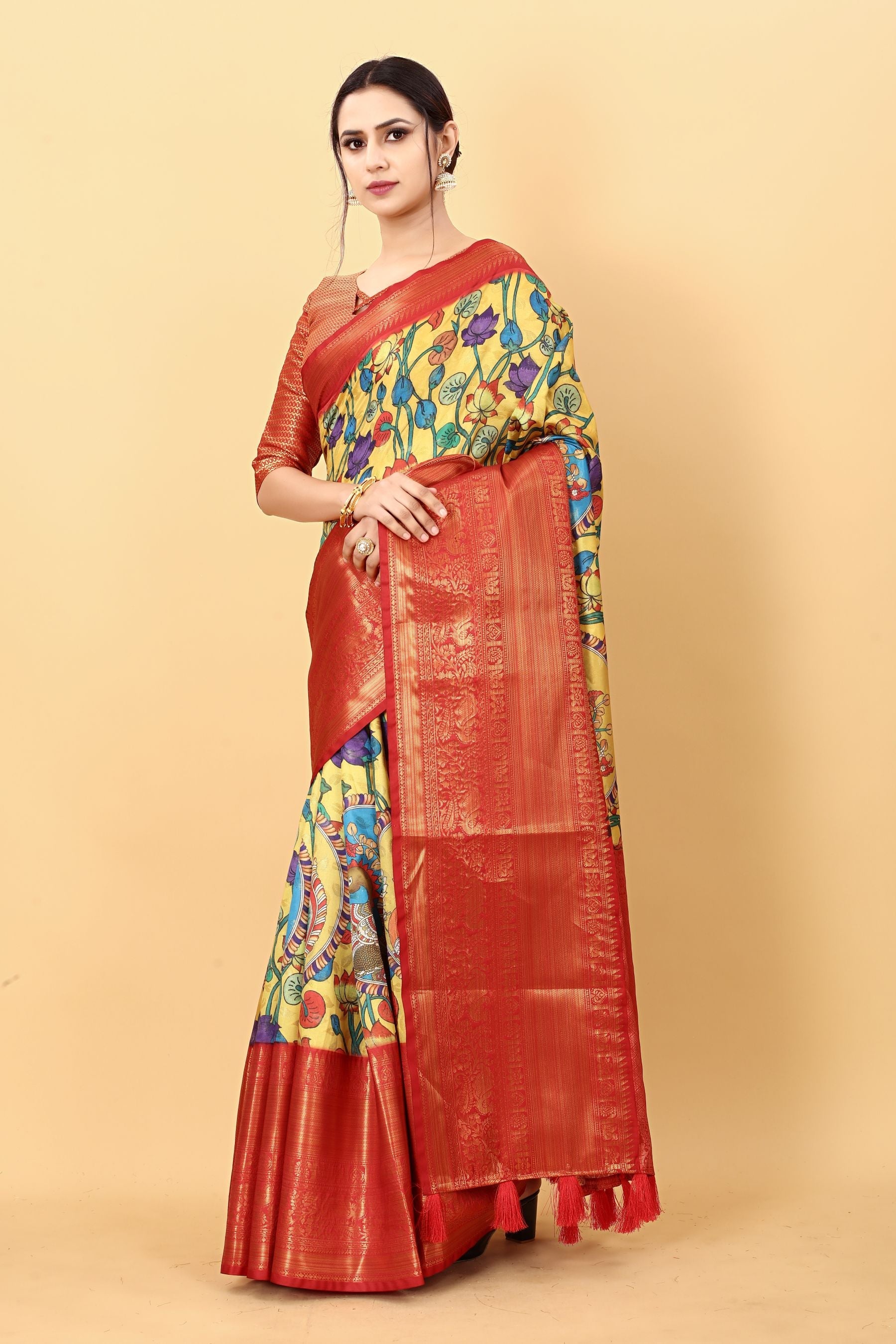 Intricate Yellow Kalamkari Printed Saree With Petrichor Blouse Piece