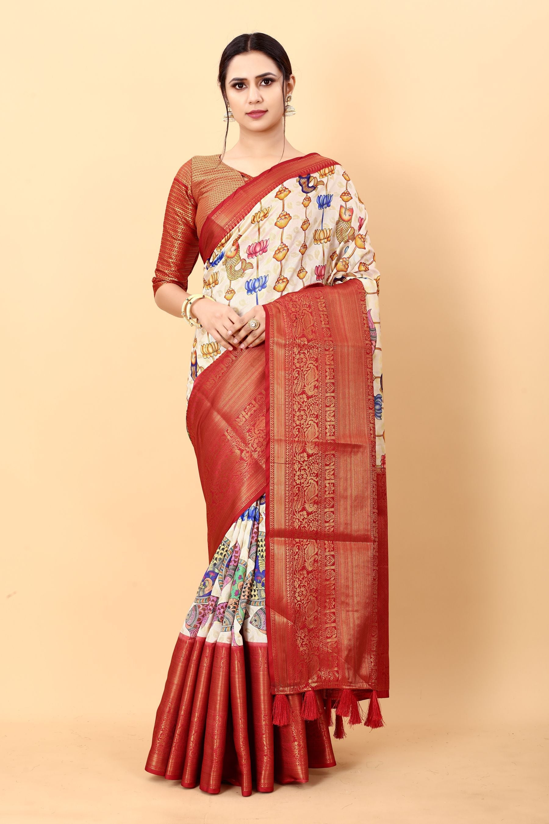 Demanding Beige Kalamkari Printed Saree With Panoply Blouse Piece