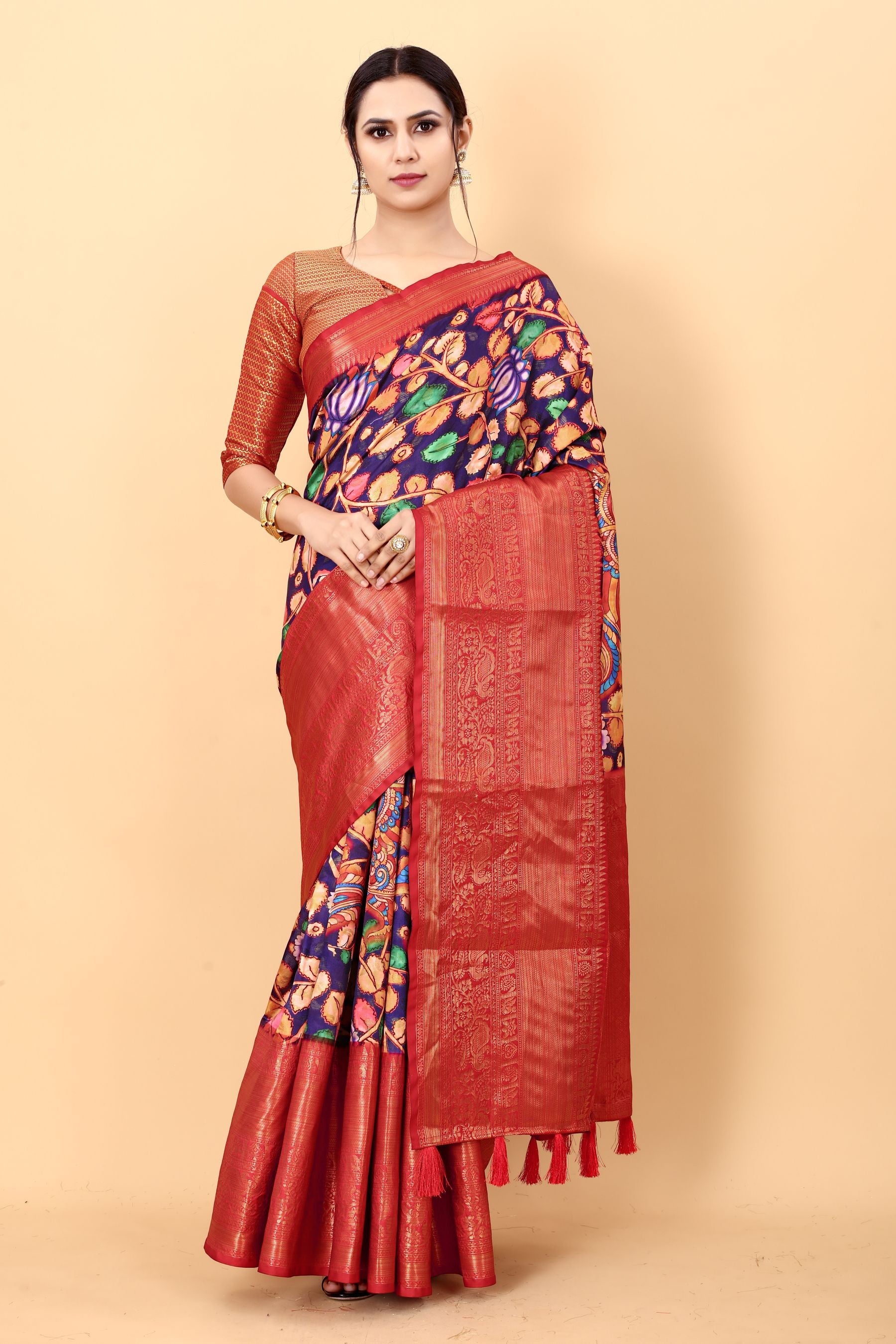 Opulent Navy Blue Kalamkari Printed Saree With Demure Blouse Piece