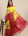 Adorning Yellow Kalamkari Printed Saree With Evanescent Blouse Piece