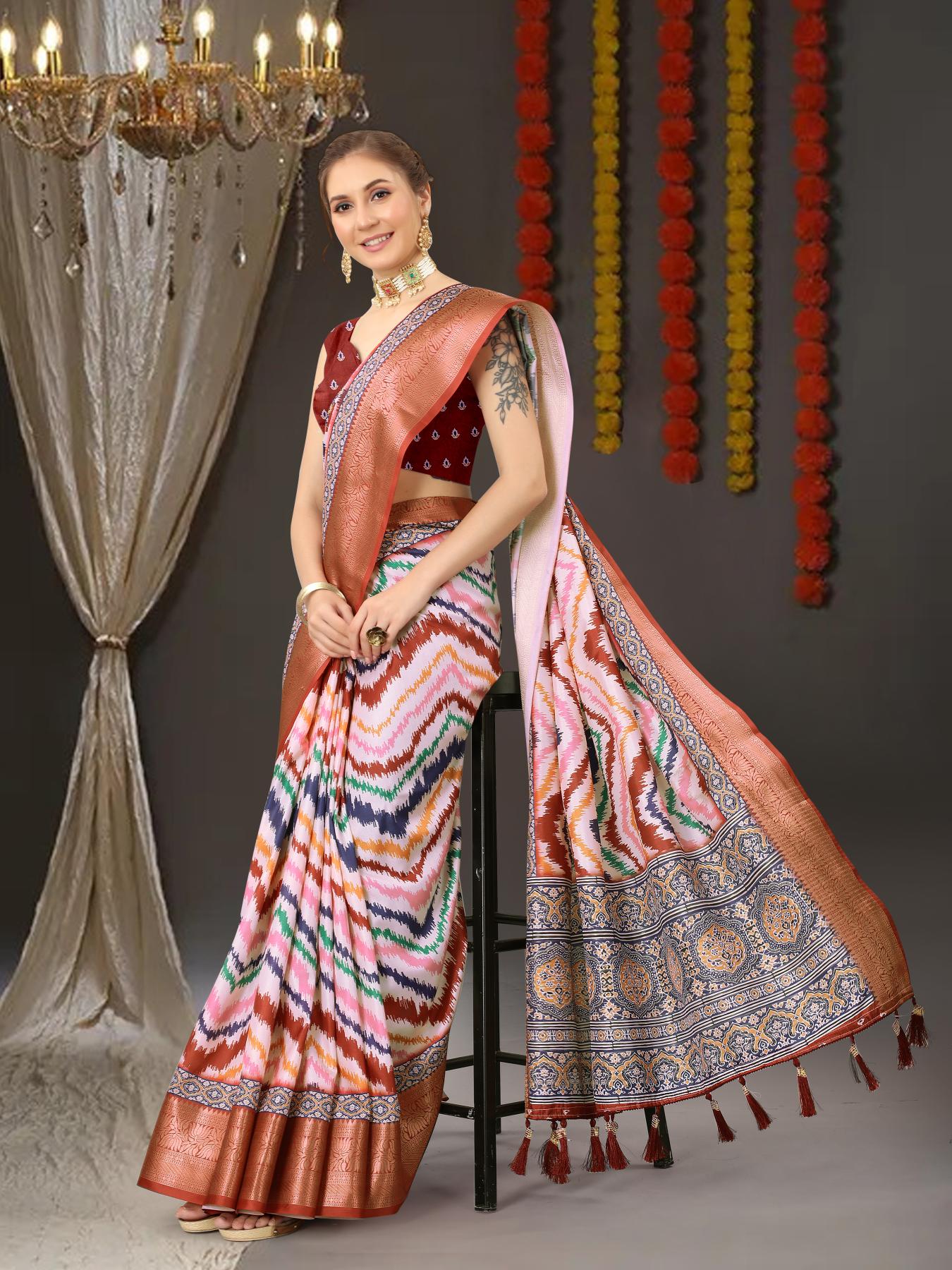 Dissemble Brown Digital Printed Soft Silk Saree With Mesmeric Blouse Piece