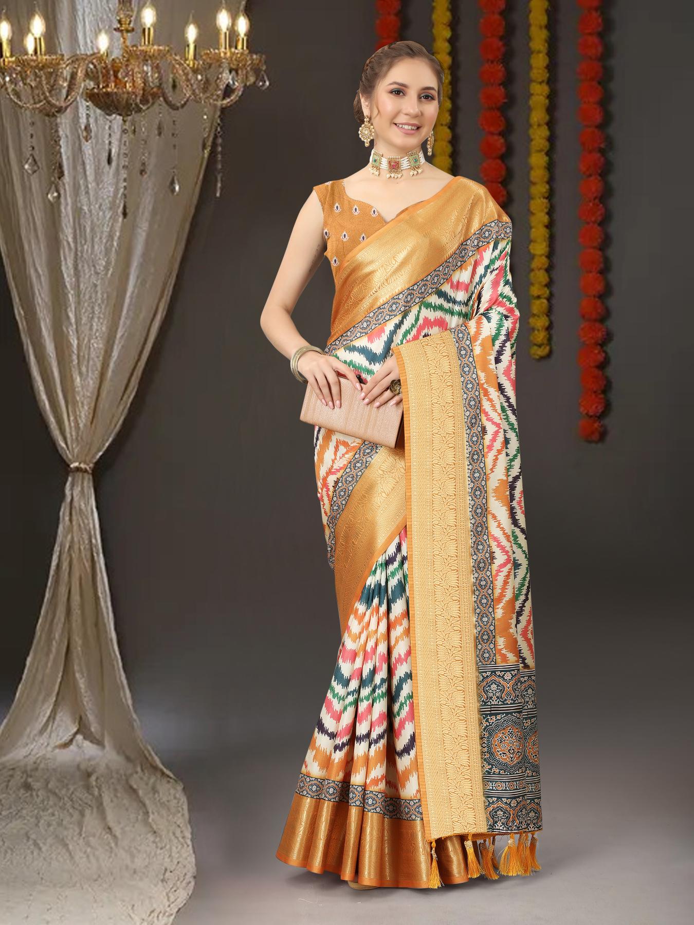 Diaphanous Mustard Digital Printed Soft Silk Saree With Blissful Blouse Piece