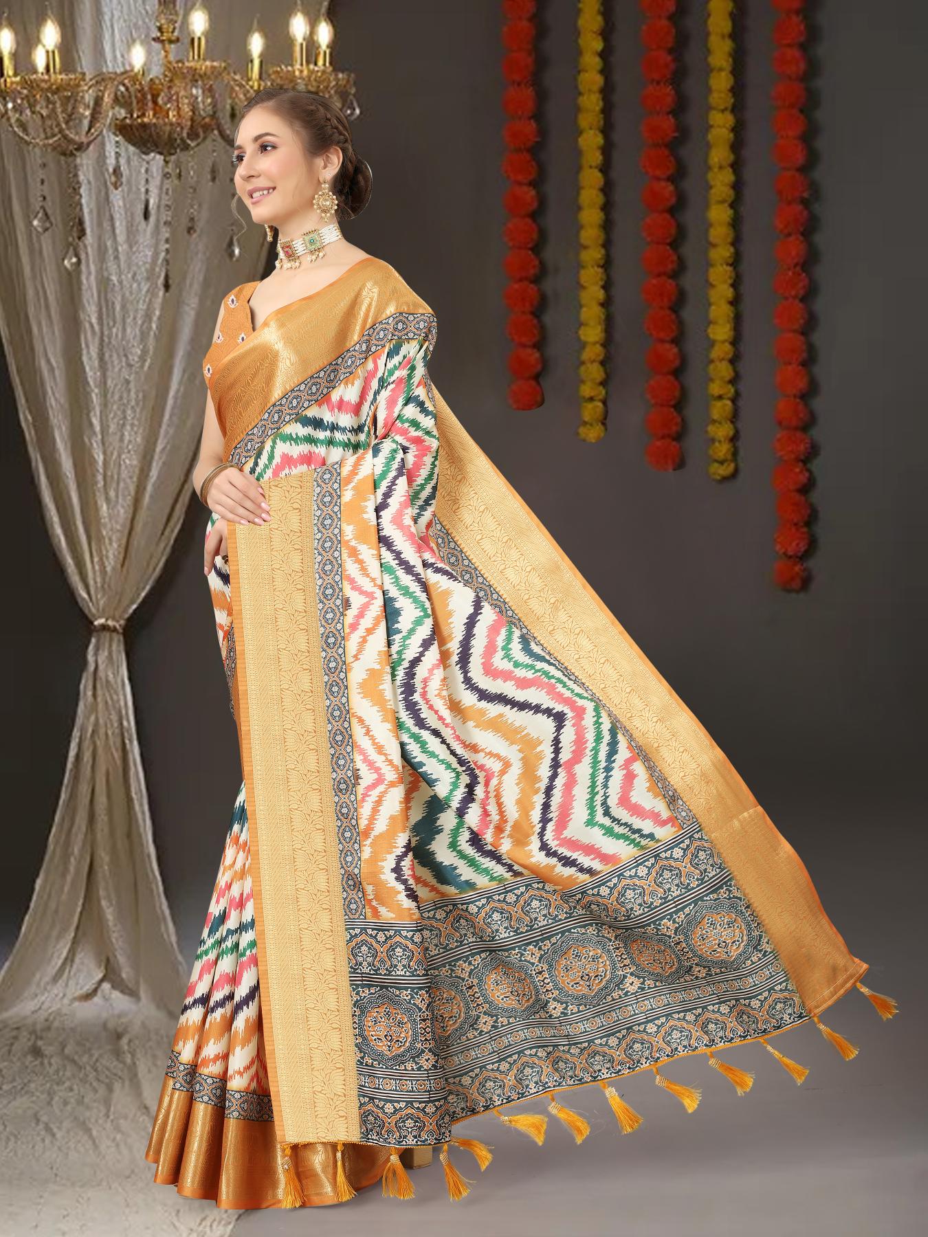 Diaphanous Mustard Digital Printed Soft Silk Saree With Blissful Blouse Piece