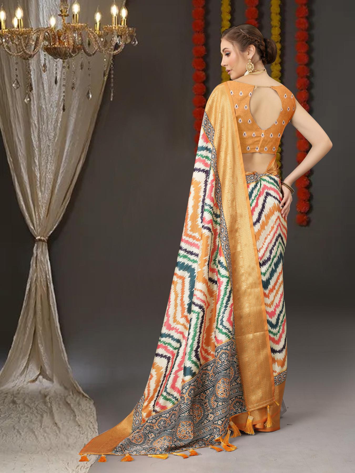 Diaphanous Mustard Digital Printed Soft Silk Saree With Blissful Blouse Piece