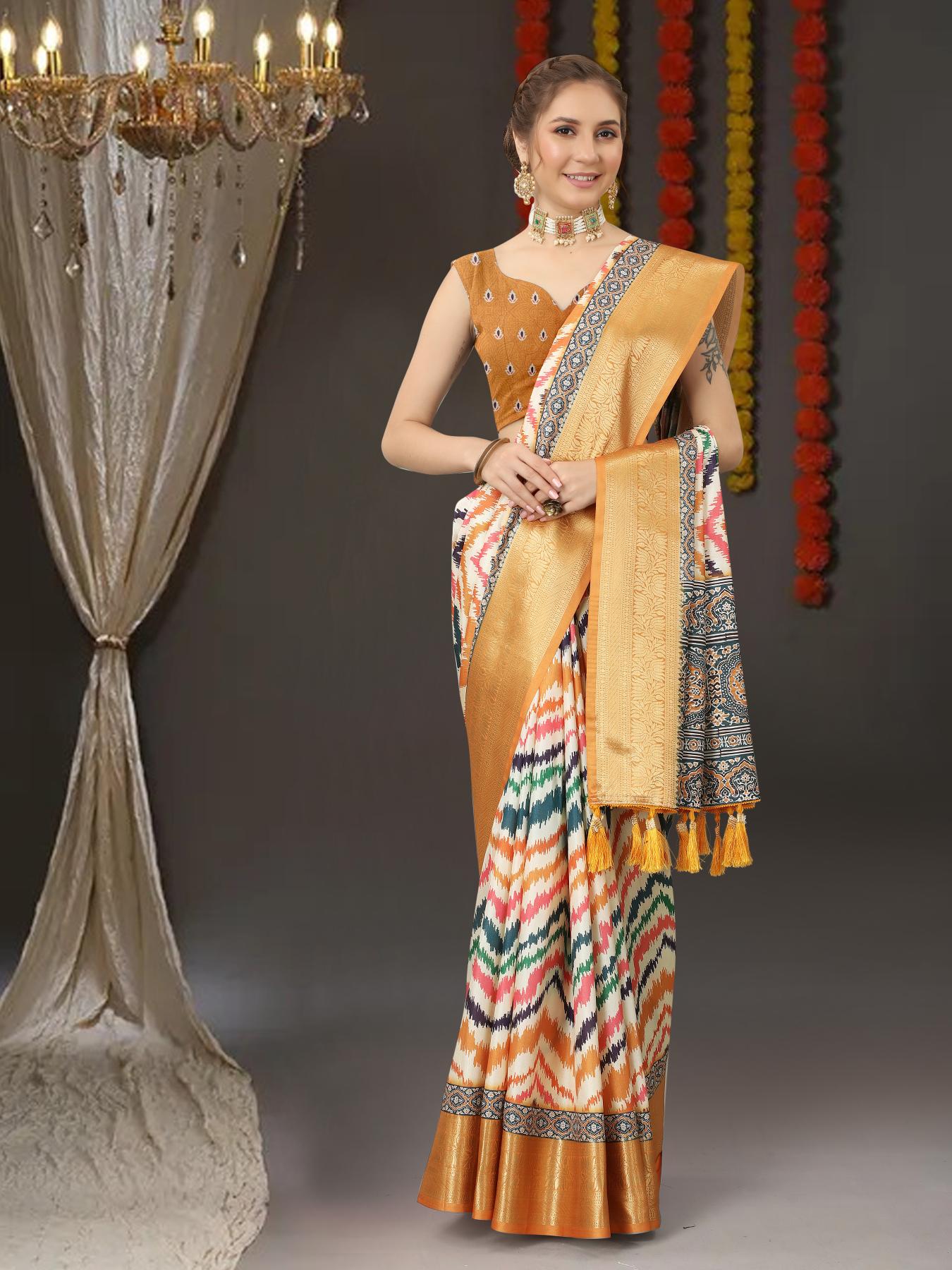 Diaphanous Mustard Digital Printed Soft Silk Saree With Blissful Blouse Piece