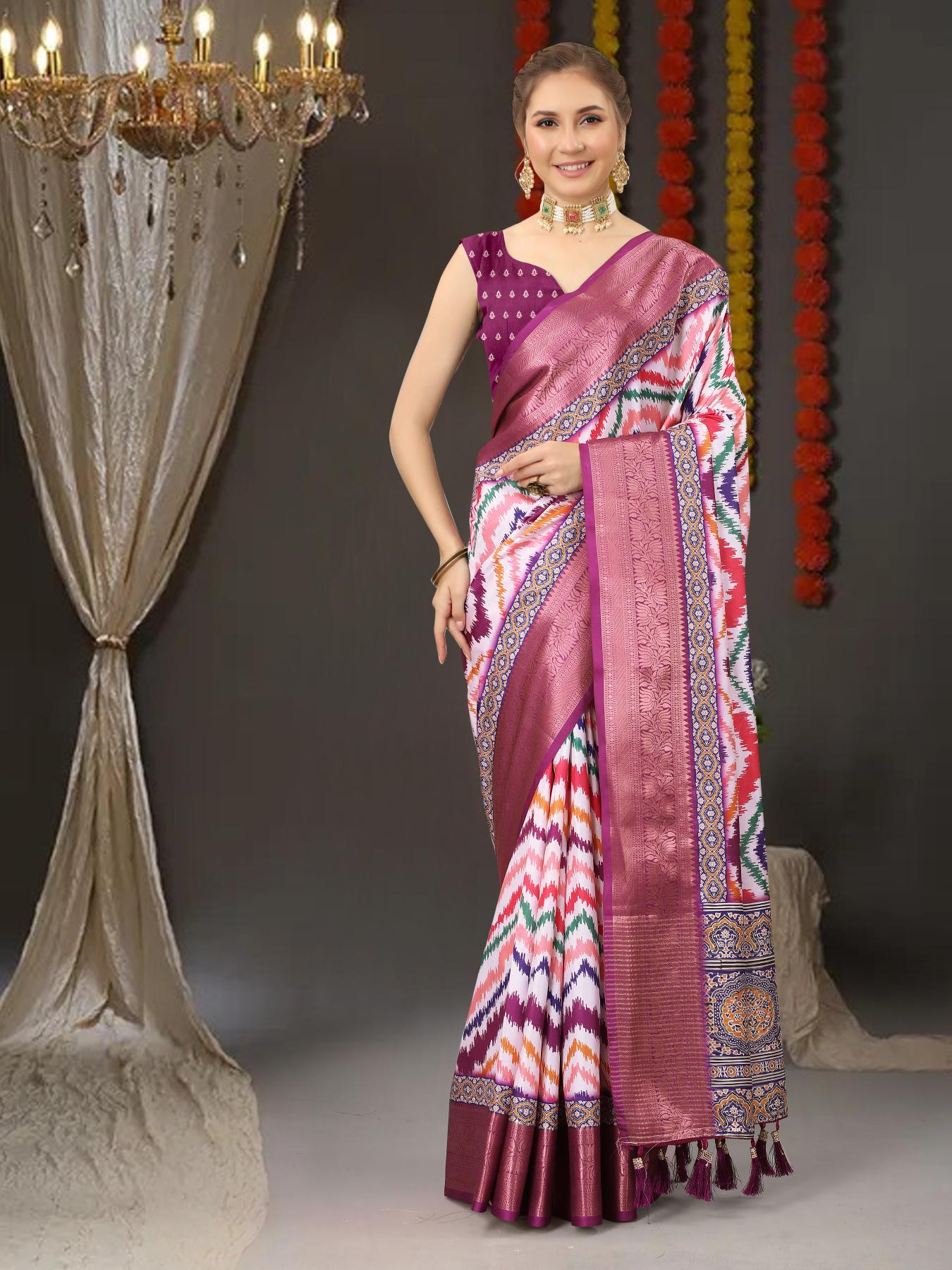 Desultory Purple Digital Printed Soft Silk Saree With Prominent Blouse Piece