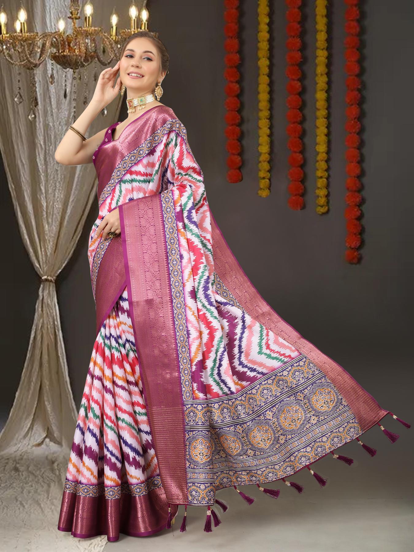 Desultory Purple Digital Printed Soft Silk Saree With Prominent Blouse Piece