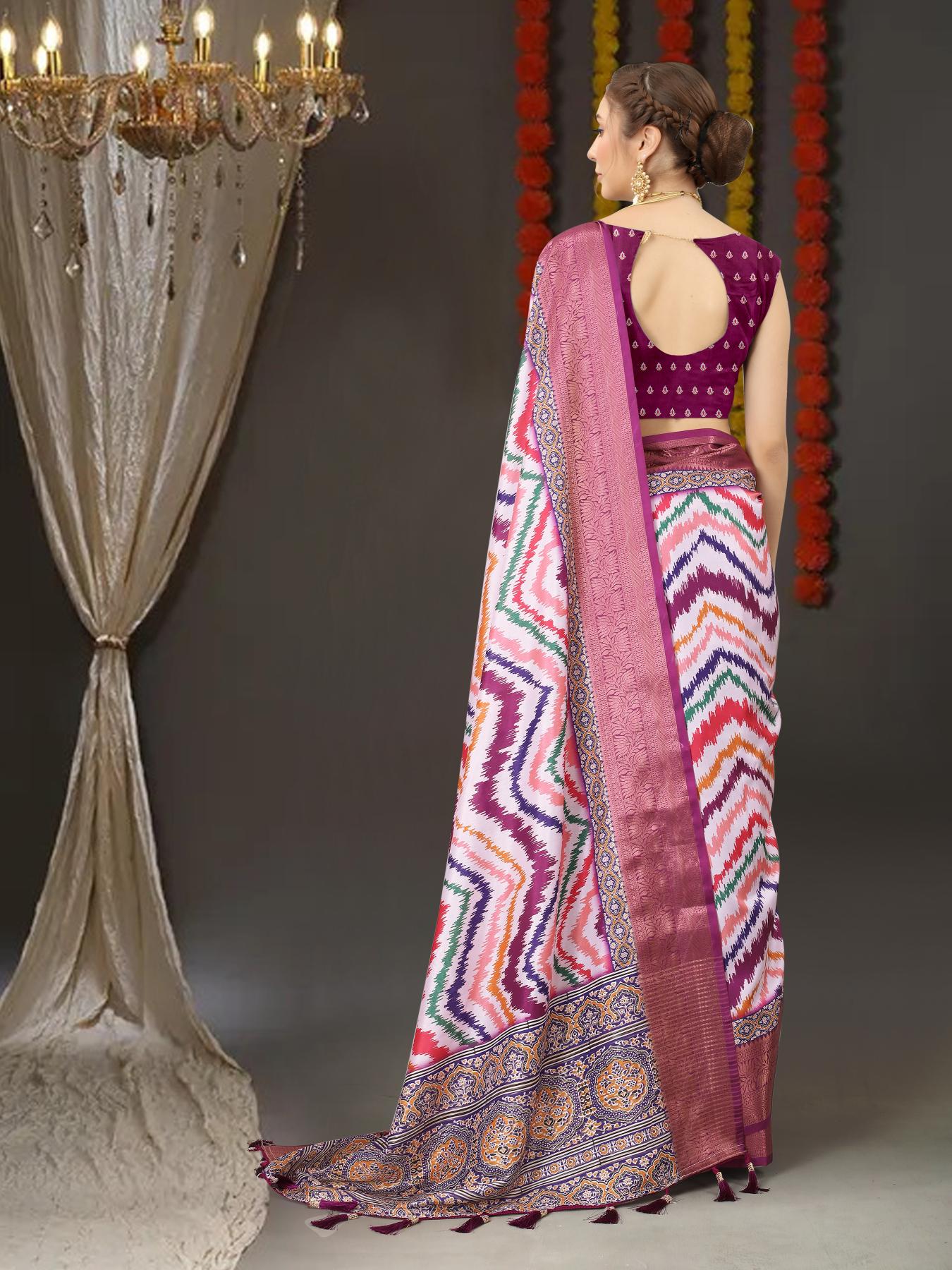 Desultory Purple Digital Printed Soft Silk Saree With Prominent Blouse Piece