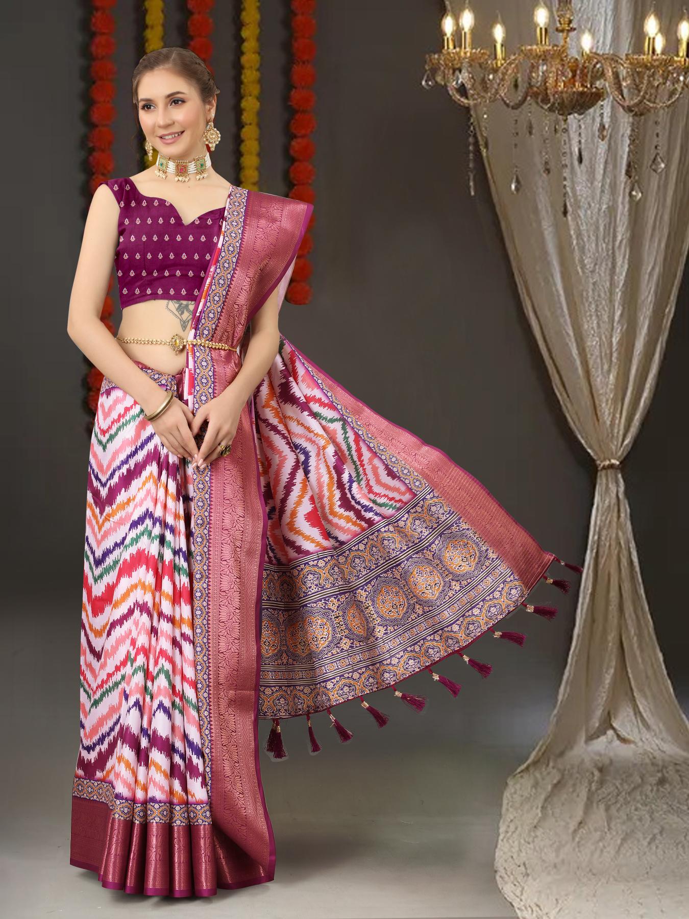 Desultory Purple Digital Printed Soft Silk Saree With Prominent Blouse Piece