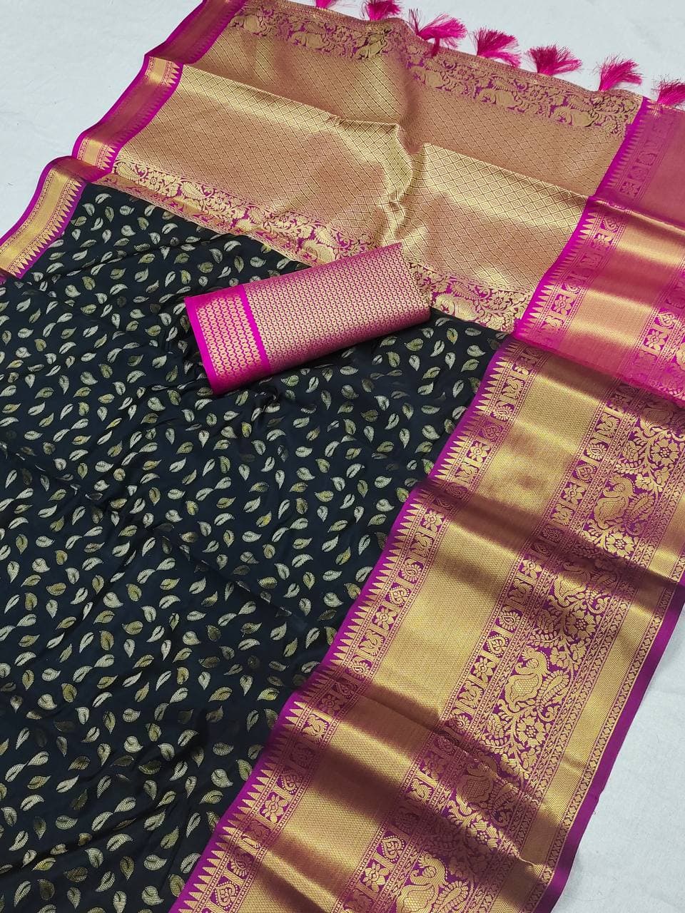 Enchanting Black Banarasi Silk Saree With Blissful Blouse Piece