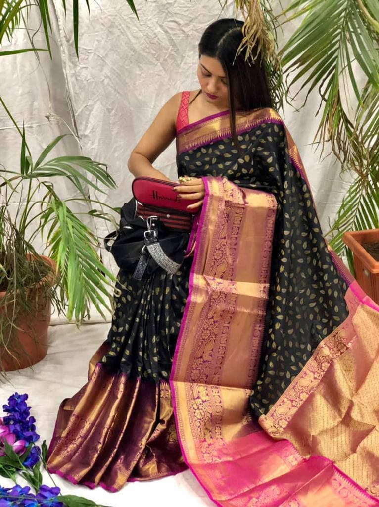 Enchanting Black Banarasi Silk Saree With Blissful Blouse Piece