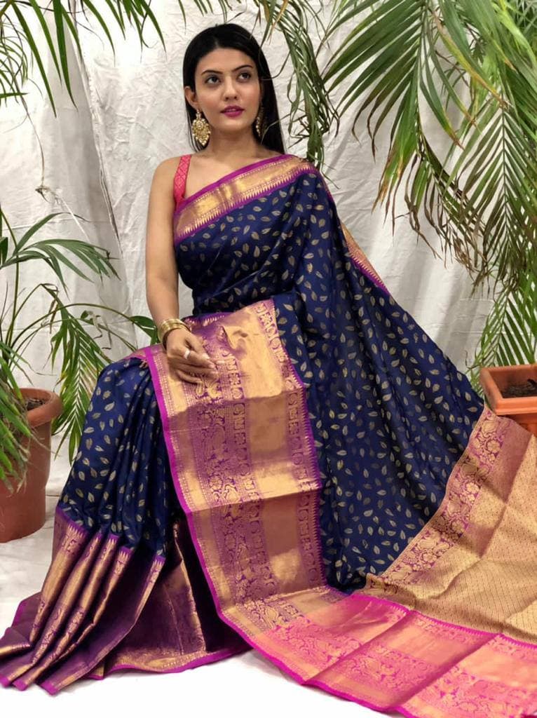 Brood Navy Blue Banarasi Silk Saree With Verdant Blouse Piece