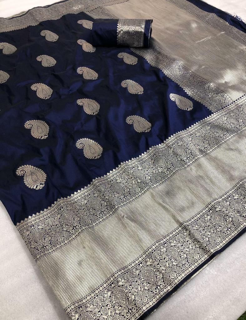 Bucolic Navy Blue Banarasi Silk Saree With Sonorous Blouse Piece