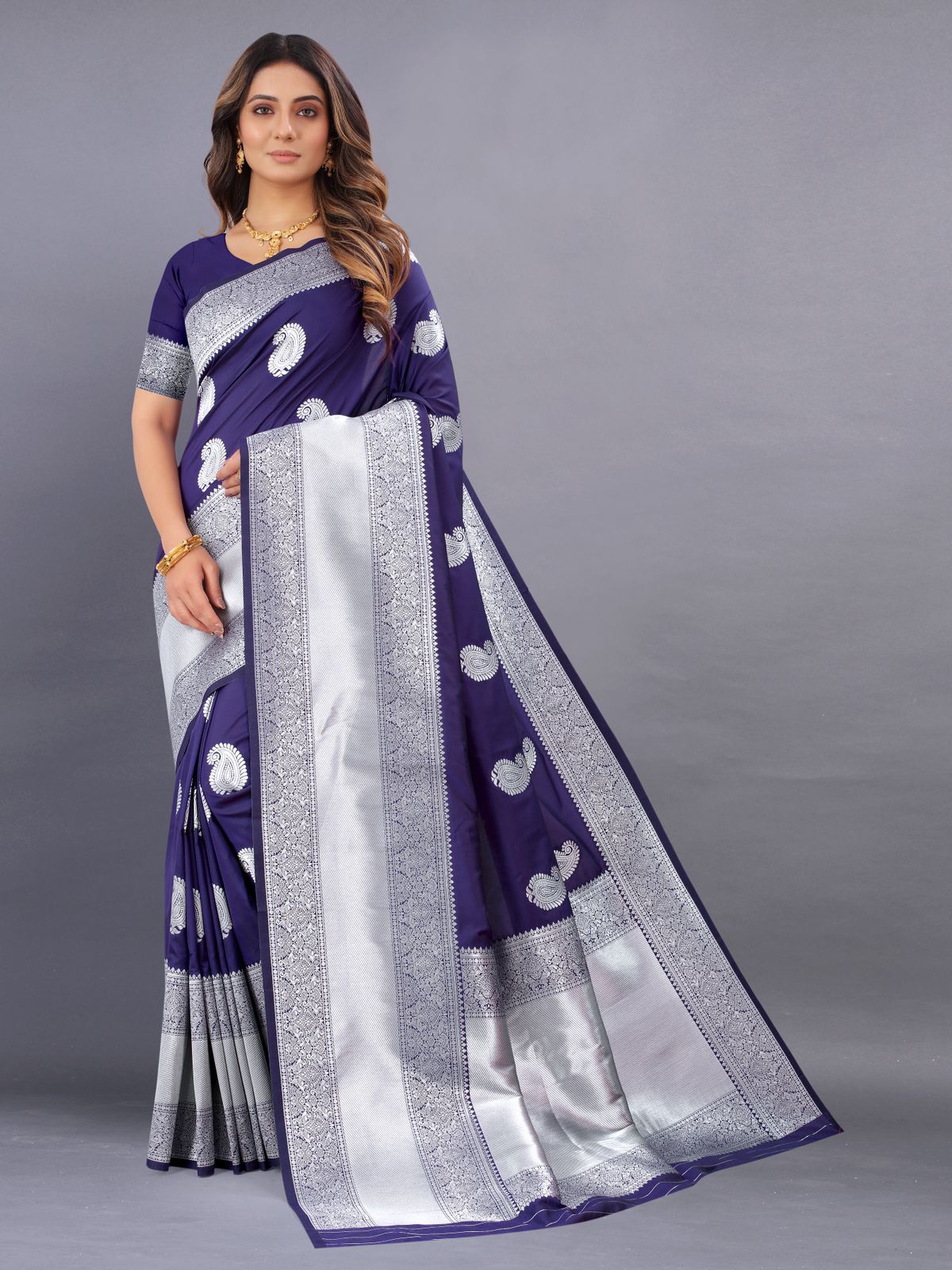 Bucolic Navy Blue Banarasi Silk Saree With Sonorous Blouse Piece